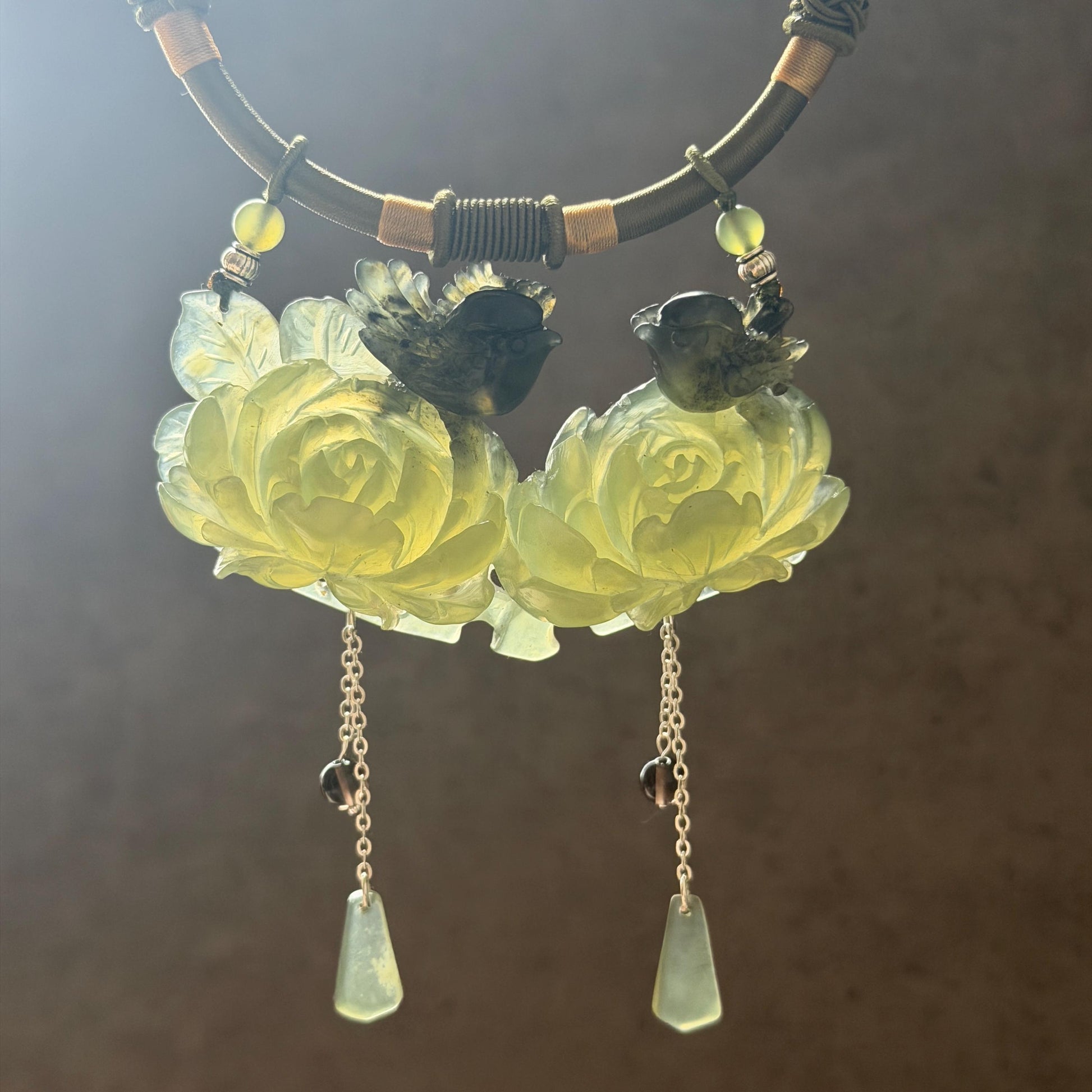 Xiu Jade Magpie Birds and Peony Flower Hand Carved Pendant Adjustable Necklace Choker: Certified Natural Serpentine Black Green Jade Handcrafted Charm | Fortune & Happiness | Stone Crystal Gemstone Jewellery Gift for her, black jade carving green jade carving peony carving flower carving hand engraved peony chinese jade pendant necklace vintage necklace antique necklace certificate jade natural untreated jade certified jade modern necklace bird carving braided necklace dangle wedding gift