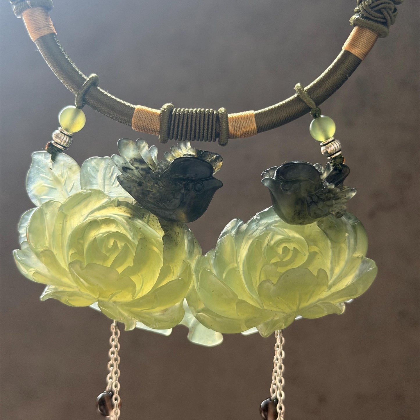 Xiu Jade Magpie Birds and Peony Flower Hand Carved Pendant Adjustable Necklace Choker: Certified Natural Serpentine Black Green Jade Handcrafted Charm | Fortune & Happiness | Stone Crystal Gemstone Jewellery Gift for her, black jade carving green jade carving peony carving flower carving hand engraved peony chinese jade pendant necklace vintage necklace antique necklace certificate jade natural untreated jade certified jade modern necklace bird carving braided necklace dangle wedding gift