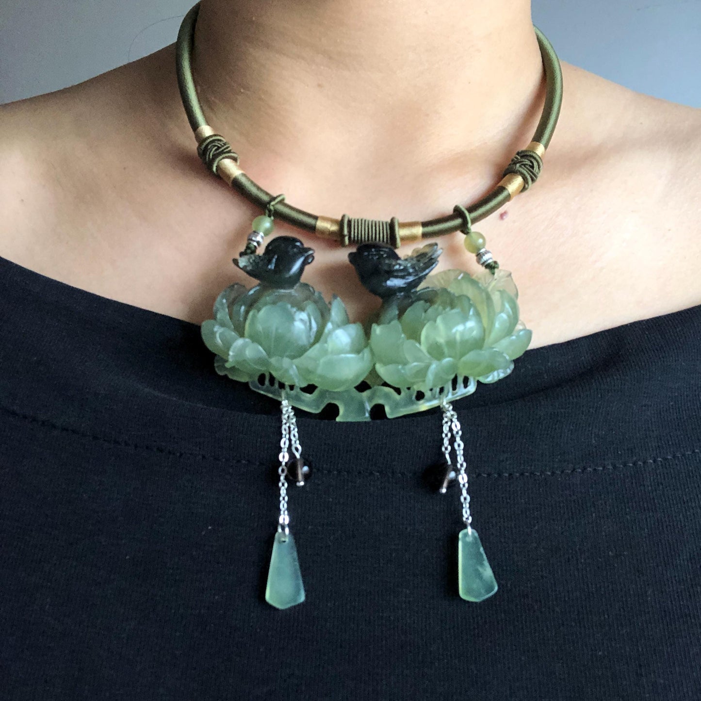 Xiu Jade Magpie Birds and Peony Flower Hand Carved Pendant Adjustable Necklace Choker: Certified Natural Serpentine Black Green Jade Handcrafted Charm | Fortune & Happiness | Stone Crystal Gemstone Jewellery Gift for her, black jade carving green jade carving peony carving flower carving hand engraved peony chinese jade pendant necklace vintage necklace antique necklace certificate jade natural untreated jade certified jade modern necklace bird carving braided necklace dangle wedding gift