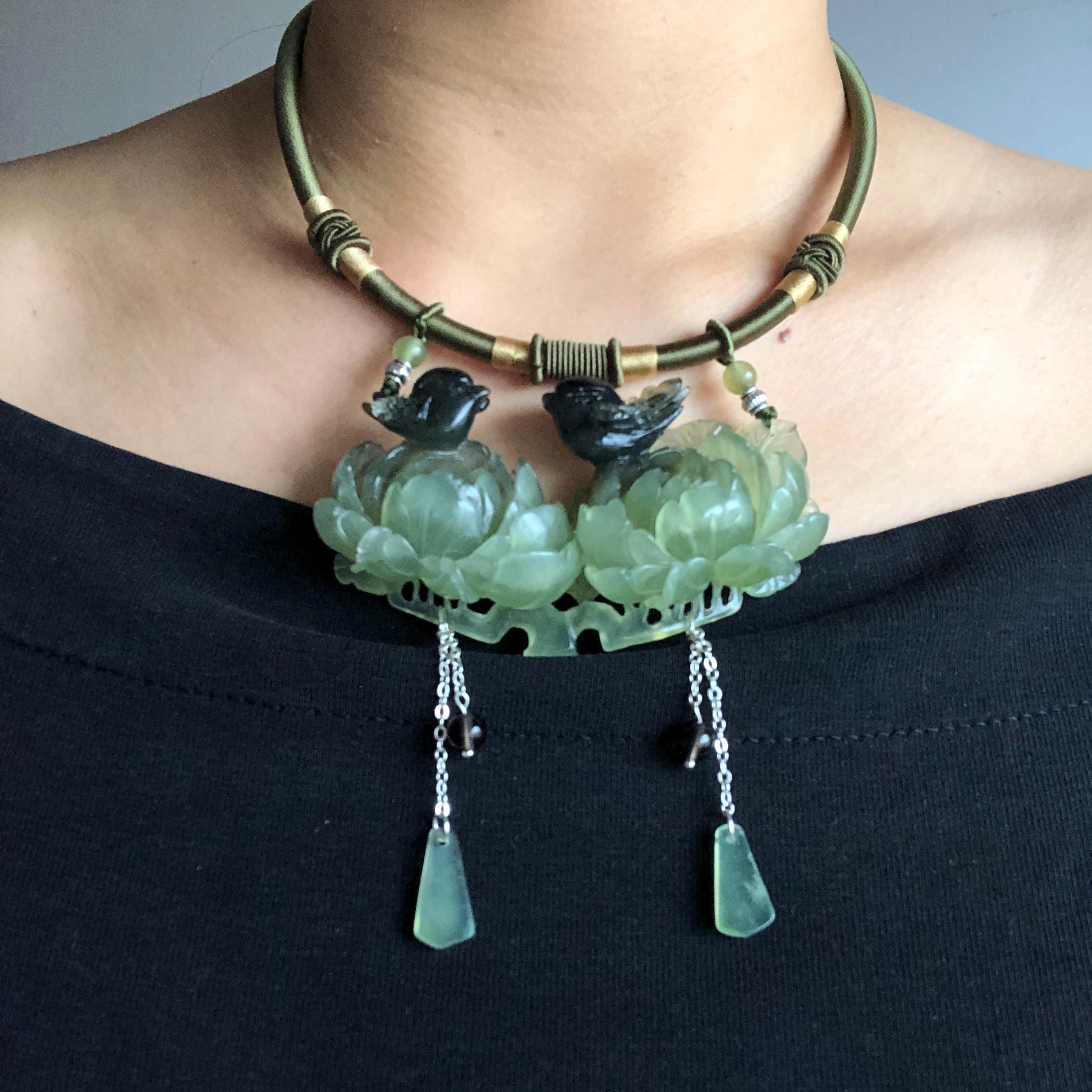 Xiu Jade Magpie Birds and Peony Flower Hand Carved Pendant Adjustable Necklace Choker: Certified Natural Serpentine Black Green Jade Handcrafted Charm | Fortune & Happiness | Stone Crystal Gemstone Jewellery Gift for her, black jade carving green jade carving peony carving flower carving hand engraved peony chinese jade pendant necklace vintage necklace antique necklace certificate jade natural untreated jade certified jade modern necklace bird carving braided necklace dangle wedding gift