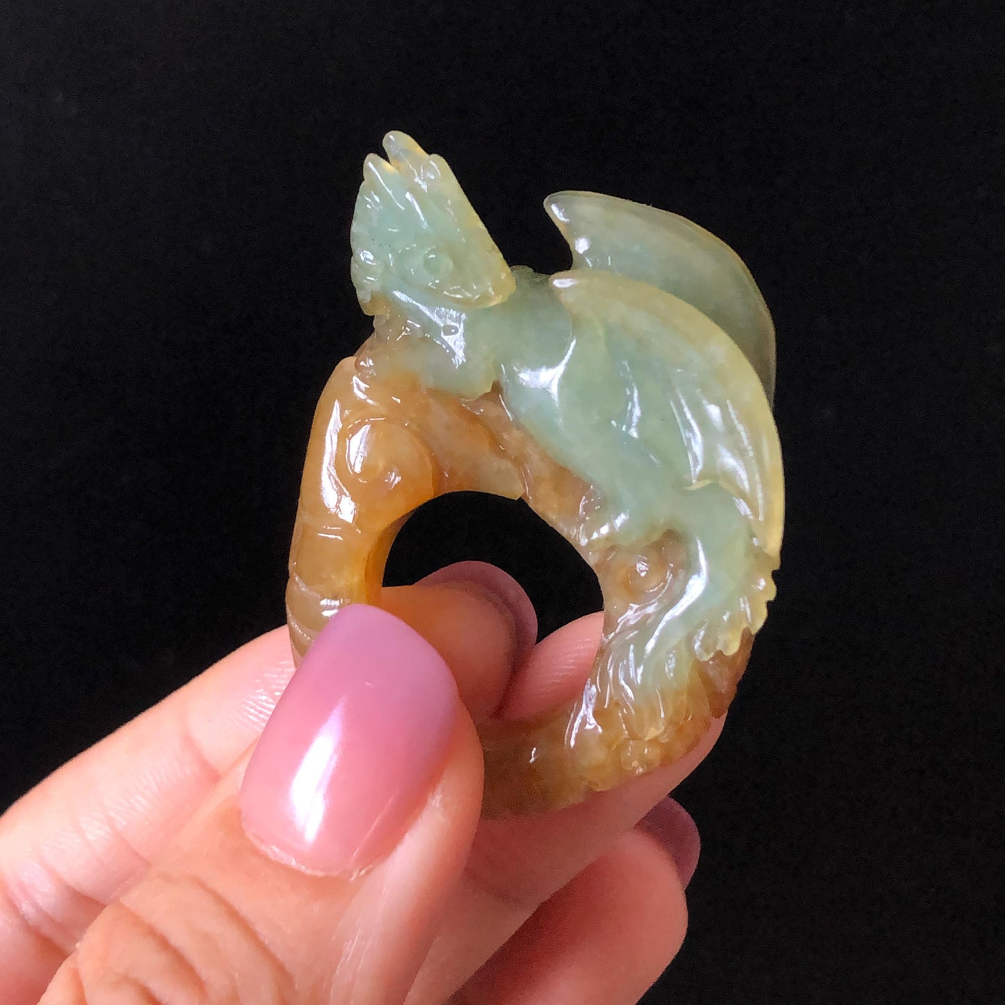 Xiu Jade Dragon Hand Carved Ring 17.2mm (US 6 - 6 1/4) : Natural Serpentine Bi-colour Yellow Green Jade Statement Ring 3D Stone Carving Band Ring gift for her green jade carving yellow jade multicolour jade dragon carving hand engraved statement ring hand carved jewelry natural untreated jade handcrafted jade ring hallow out style 3D carving Stone carving Gemstone Carving dragon Lover gift jade cocktail ring jade band ring thumb ring birthday gift