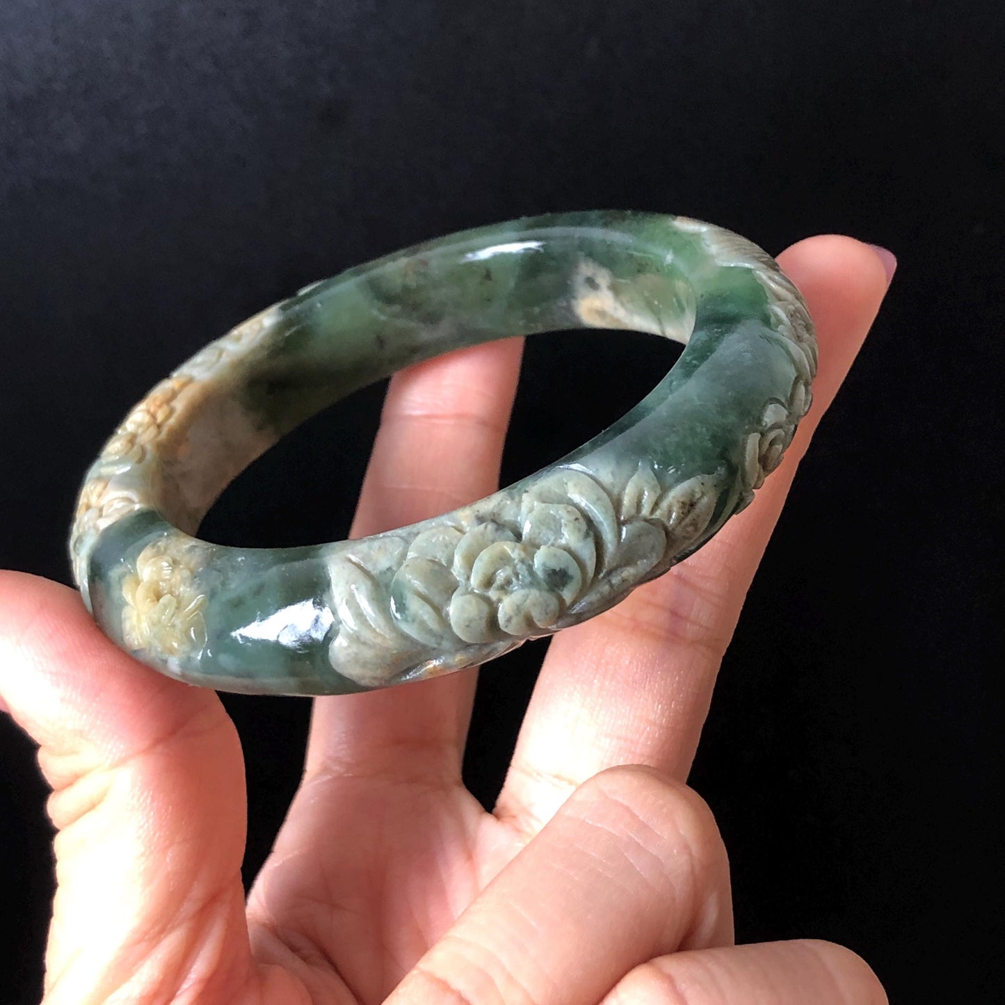 57.9mm Xiu Jade Serpentine Hand Carved Peony Flowers Bangle: Natural Brown Yellow Green Jade Handcrafted Bracelet, Stone Carving Gemstone Jewelry Gift for her wide jade bangle jade carving hand engraved stone carving natural untreated jade bracelet green jade white jade handcraft jade peony carving flower carving chinese jade vintage bangle antique bracelet lotus bracelet relief carving birthday gift for her
