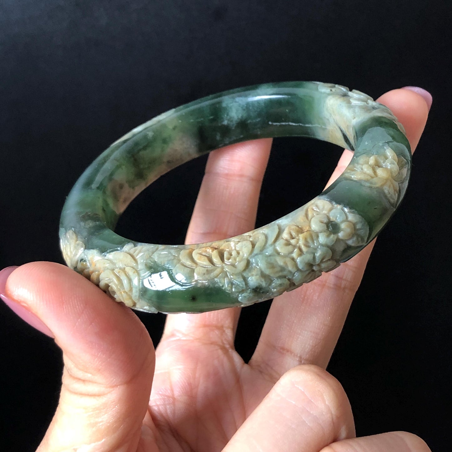 57.9mm Xiu Jade Serpentine Hand Carved Peony Flowers Bangle: Natural Brown Yellow Green Jade Handcrafted Bracelet, Stone Carving Gemstone Jewelry Gift for her wide jade bangle jade carving hand engraved stone carving natural untreated jade bracelet green jade white jade handcraft jade peony carving flower carving chinese jade vintage bangle antique bracelet lotus bracelet relief carving birthday gift for her