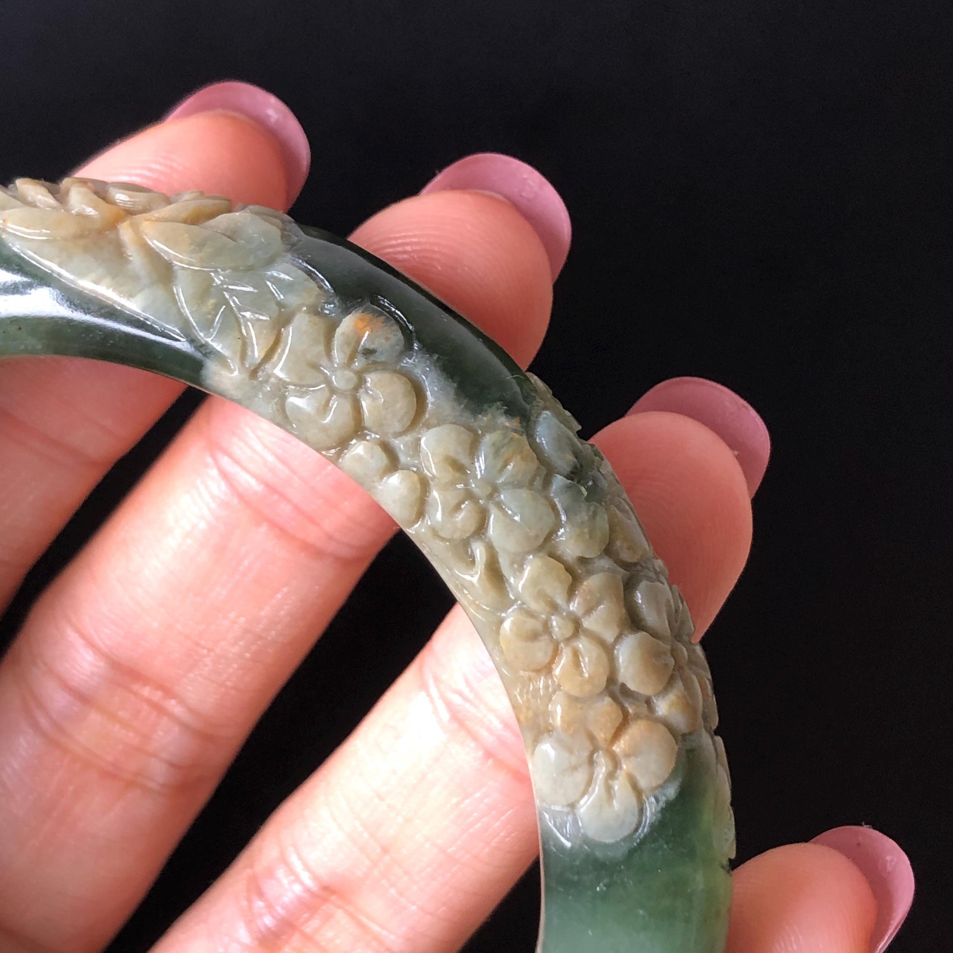 57.9mm Xiu Jade Serpentine Hand Carved Peony Flowers Bangle: Natural Brown Yellow Green Jade Handcrafted Bracelet, Stone Carving Gemstone Jewelry Gift for her wide jade bangle jade carving hand engraved stone carving natural untreated jade bracelet green jade white jade handcraft jade peony carving flower carving chinese jade vintage bangle antique bracelet lotus bracelet relief carving birthday gift for her