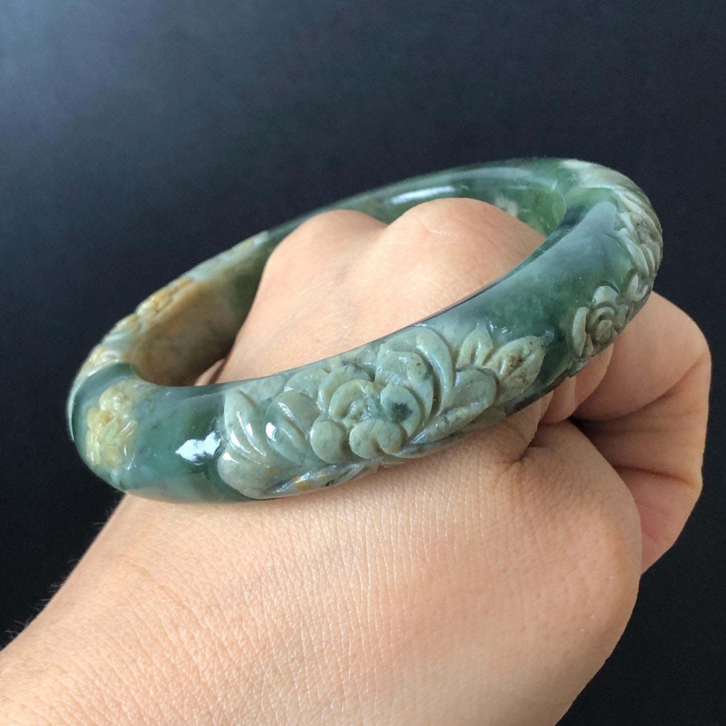 57.9mm Xiu Jade Serpentine Hand Carved Peony Flowers Bangle: Natural Brown Yellow Green Jade Handcrafted Bracelet, Stone Carving Gemstone Jewelry Gift for her wide jade bangle jade carving hand engraved stone carving natural untreated jade bracelet green jade white jade handcraft jade peony carving flower carving chinese jade vintage bangle antique bracelet lotus bracelet relief carving birthday gift for her
