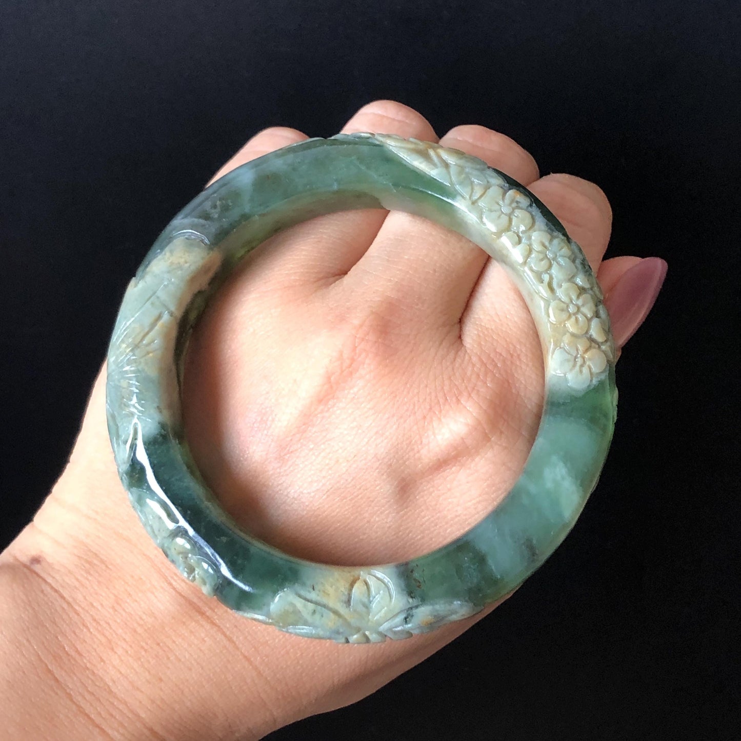 57.9mm Xiu Jade Serpentine Hand Carved Peony Flowers Bangle: Natural Brown Yellow Green Jade Handcrafted Bracelet, Stone Carving Gemstone Jewelry Gift for her wide jade bangle jade carving hand engraved stone carving natural untreated jade bracelet green jade white jade handcraft jade peony carving flower carving chinese jade vintage bangle antique bracelet lotus bracelet relief carving birthday gift for her