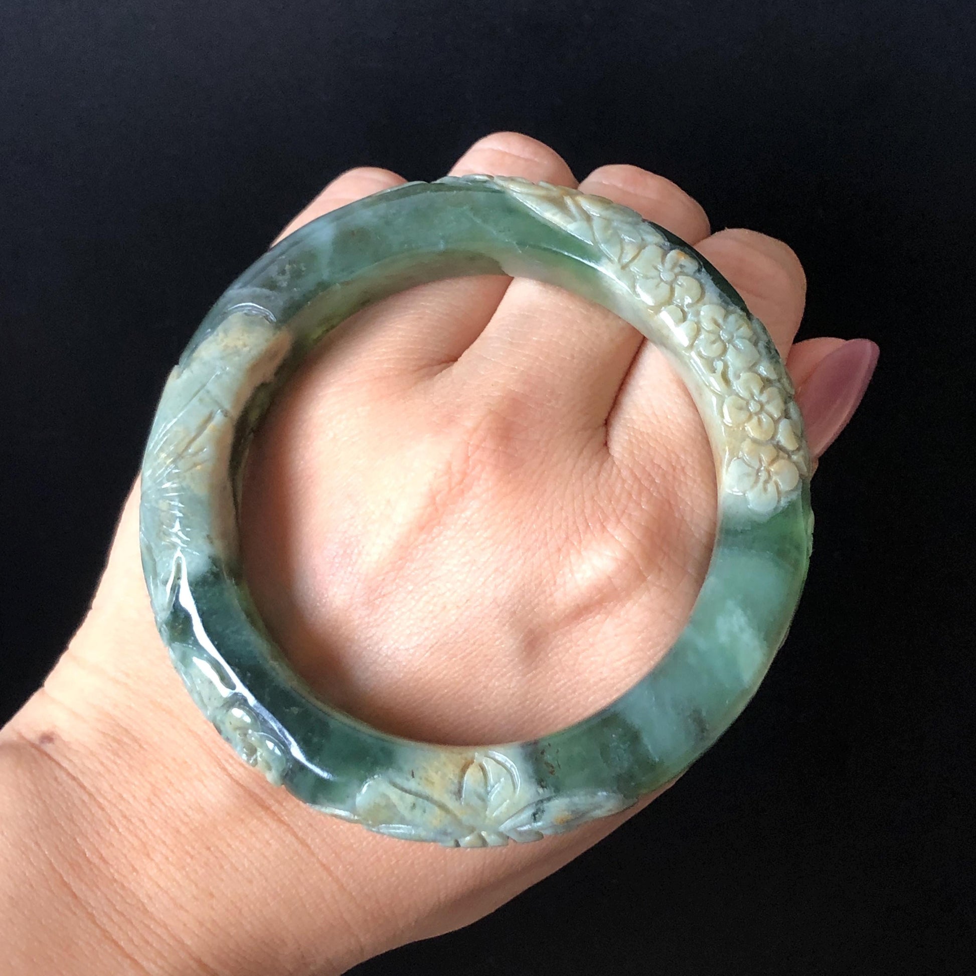57.9mm Xiu Jade Serpentine Hand Carved Peony Flowers Bangle: Natural Brown Yellow Green Jade Handcrafted Bracelet, Stone Carving Gemstone Jewelry Gift for her wide jade bangle jade carving hand engraved stone carving natural untreated jade bracelet green jade white jade handcraft jade peony carving flower carving chinese jade vintage bangle antique bracelet lotus bracelet relief carving birthday gift for her