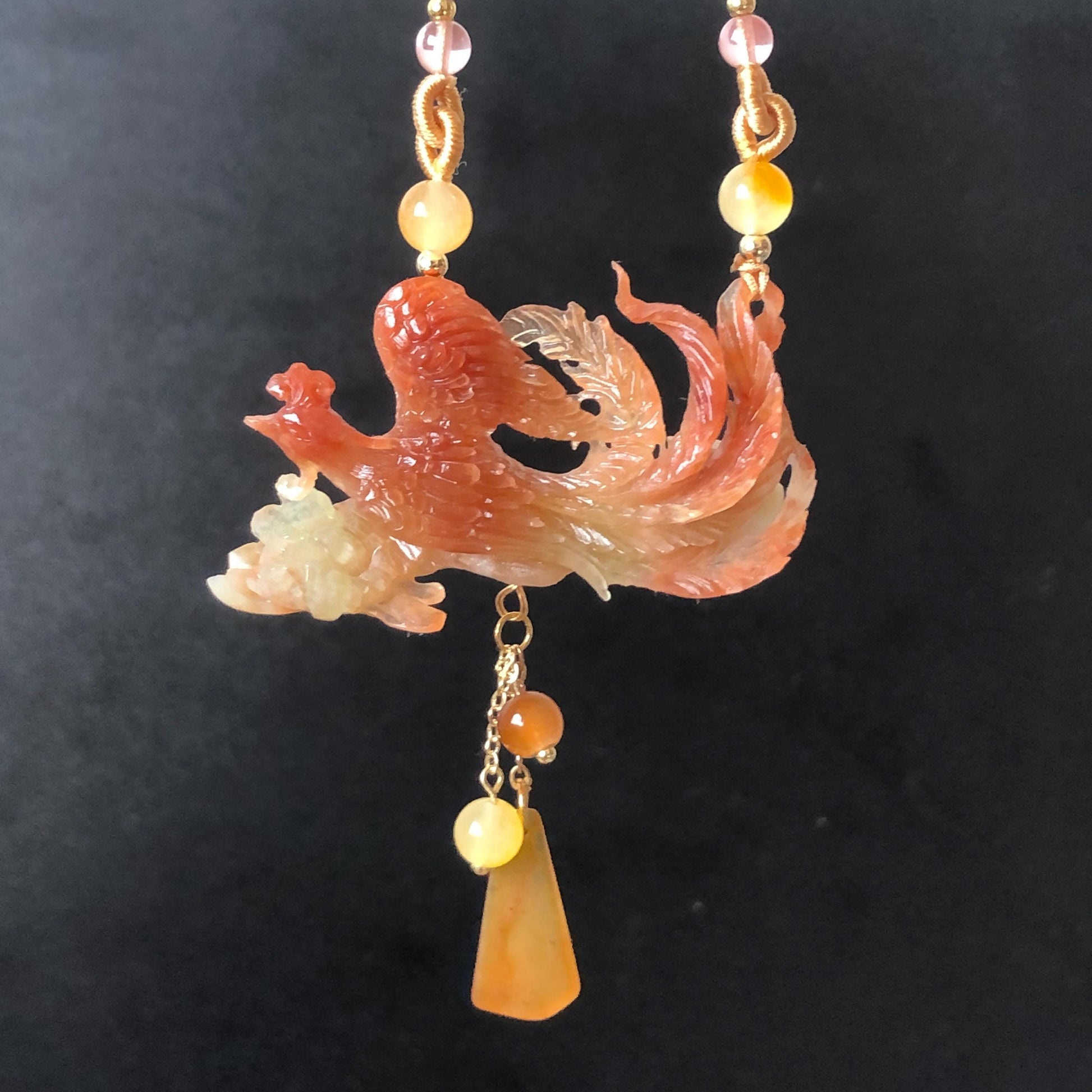 Xiu Jade Fire Phoenix Hand Carved Pendant Adjustable Necklace Dangle Choker: Natural Serpentine Untreated Yellow Red Jade Carving Charm | Asian Vintage Style Chinese Pendant Necklace Antique Pendant multicolour jade orange jade red jade white jade asian vintage necklace braided necklace red phoenix carving peony charm phoenix lover gift flower carving hand engraved jewelry hand carved jade handcrafted necklace dangle good luck charm animals carving flower pendant adjustable necklace choker