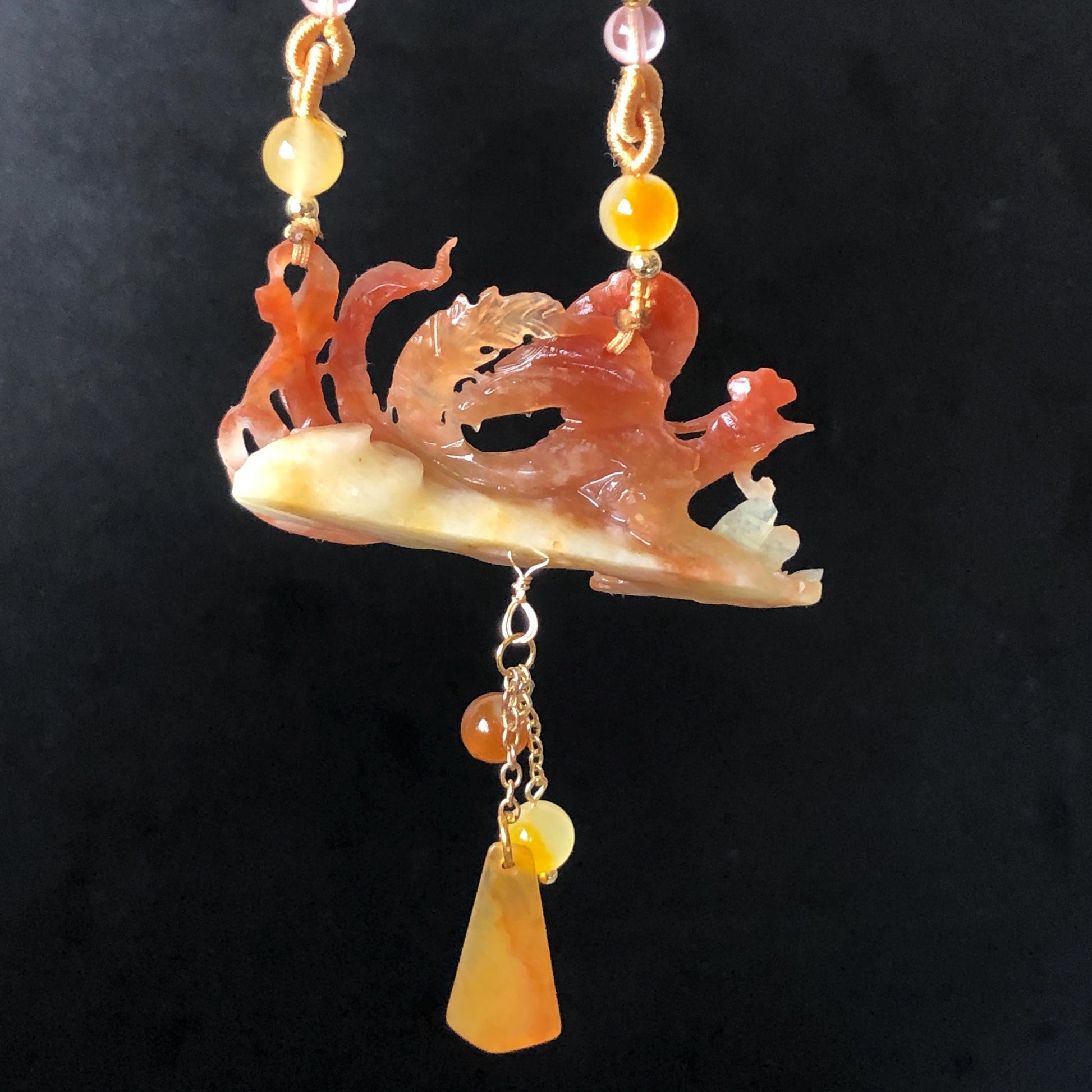 Xiu Jade Fire Phoenix Hand Carved Pendant Adjustable Necklace Dangle Choker: Natural Serpentine Untreated Yellow Red Jade Carving Charm | Asian Vintage Style Chinese Pendant Necklace Antique Pendant multicolour jade orange jade red jade white jade asian vintage necklace braided necklace red phoenix carving peony charm phoenix lover gift flower carving hand engraved jewelry hand carved jade handcrafted necklace dangle good luck charm animals carving flower pendant adjustable necklace choker