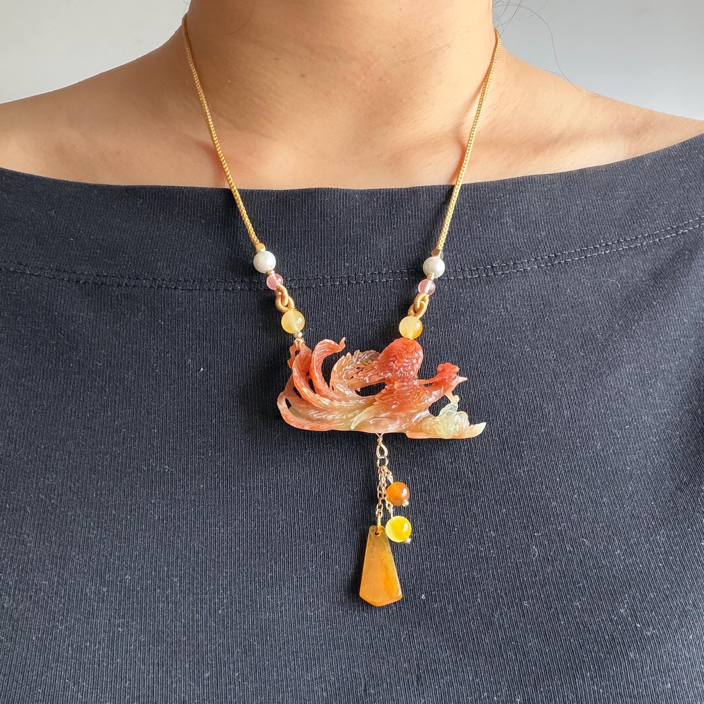 Xiu Jade Fire Phoenix Hand Carved Pendant Adjustable Necklace Dangle Choker: Natural Serpentine Untreated Yellow Red Jade Carving Charm | Asian Vintage Style Chinese Pendant Necklace Antique Pendant multicolour jade orange jade red jade white jade asian vintage necklace braided necklace red phoenix carving peony charm phoenix lover gift flower carving hand engraved jewelry hand carved jade handcrafted necklace dangle good luck charm animals carving flower pendant adjustable necklace choker
