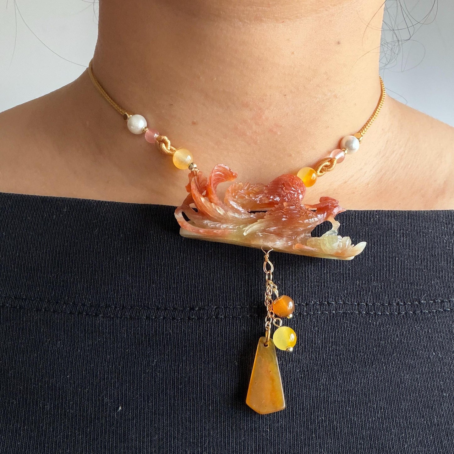 Xiu Jade Fire Phoenix Hand Carved Pendant Adjustable Necklace Dangle Choker: Natural Serpentine Untreated Yellow Red Jade Carving Charm | Asian Vintage Style Chinese Pendant Necklace Antique Pendant multicolour jade orange jade red jade white jade asian vintage necklace braided necklace red phoenix carving peony charm phoenix lover gift flower carving hand engraved jewelry hand carved jade handcrafted necklace dangle good luck charm animals carving flower pendant adjustable necklace choker