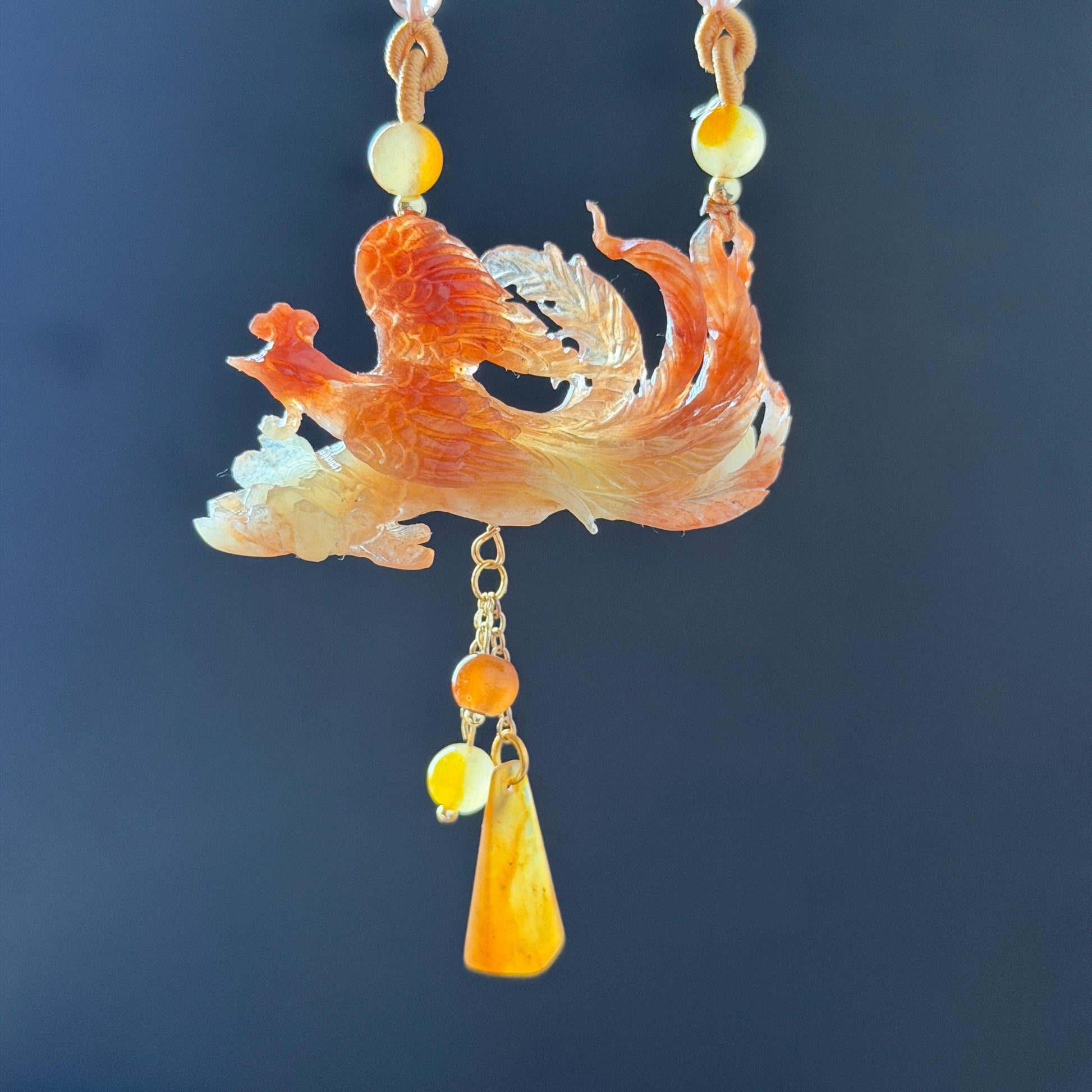 Xiu Jade Fire Phoenix Hand Carved Pendant Adjustable Necklace Dangle Choker: Natural Serpentine Untreated Yellow Red Jade Carving Charm | Asian Vintage Style Chinese Pendant Necklace Antique Pendant multicolour jade orange jade red jade white jade asian vintage necklace braided necklace red phoenix carving peony charm phoenix lover gift flower carving hand engraved jewelry hand carved jade handcrafted necklace dangle good luck charm animals carving flower pendant adjustable necklace choker