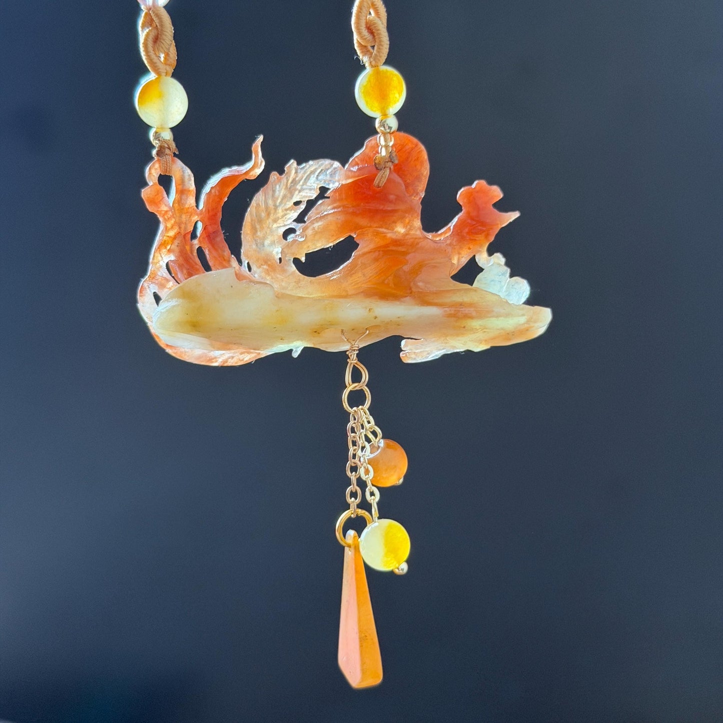 Xiu Jade Fire Phoenix & Peony Hand Carved Pendant Adjustable Necklace Dangle Choker: Natural Serpentine Yellow Red Jade handcrafted Charm