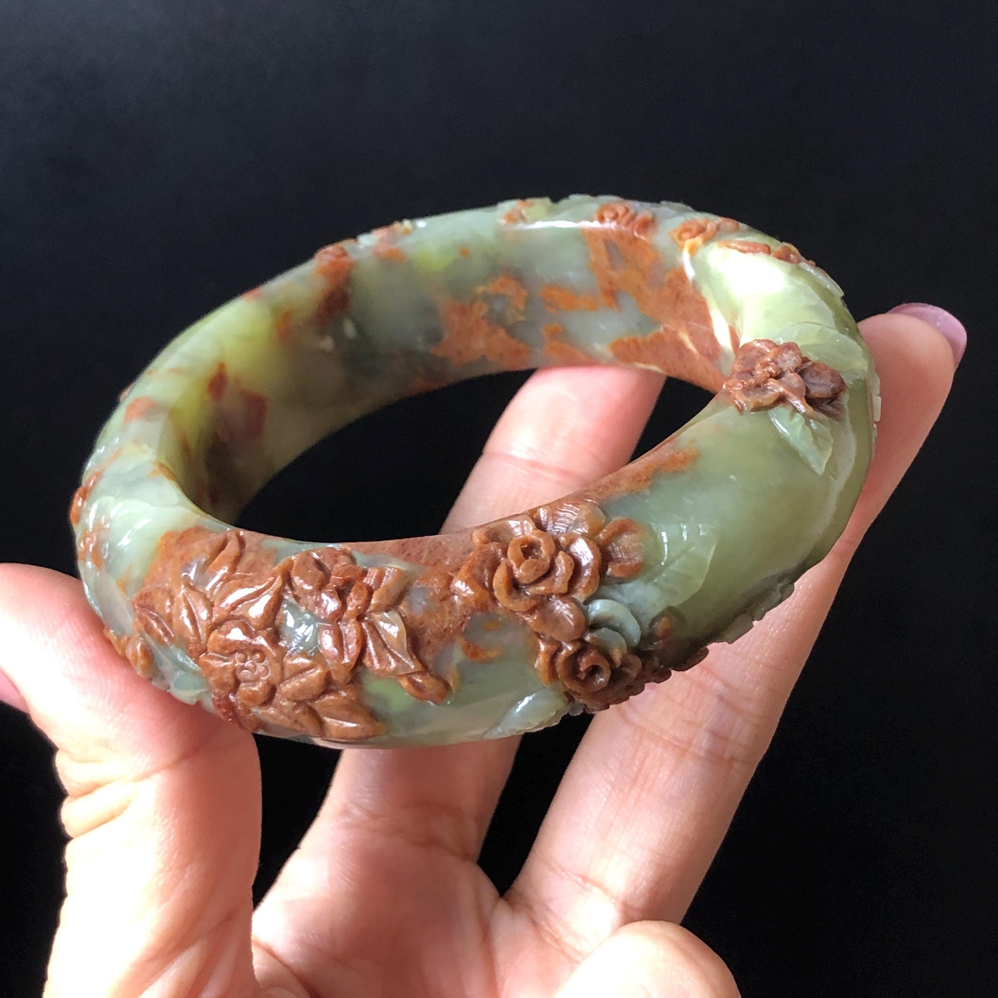 57.1mm Xiu Jade Peony Lotus Flowers Hand Carved Bangle: Natural Serpentine Brown White Green Jade Handcrafted Bracelet, Stone Carving Gemstone Jewelry Gift for her wide jade bangle jade carving hand engraved stone carving natural untreated jade bracelet white jade green jade brown jade handcraft jade peony carving flower carving chinese jade vintage bangle antique bracelet Osmanthus flower antique bangle hand engraved jewelry lotus carving lotus leaves relief carving birthday gift for women