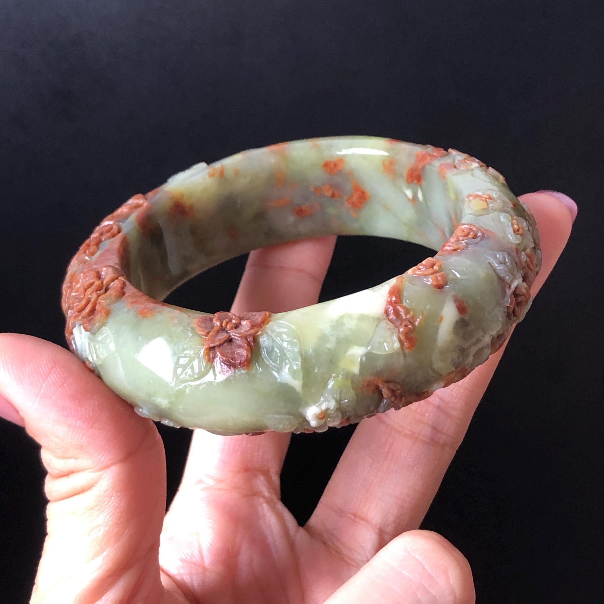 57.1mm Xiu Jade Peony Lotus Flowers Hand Carved Bangle: Natural Serpentine Brown White Green Jade Handcrafted Bracelet, Stone Carving Gemstone Jewelry Gift for her wide jade bangle jade carving hand engraved stone carving natural untreated jade bracelet white jade green jade brown jade handcraft jade peony carving flower carving chinese jade vintage bangle antique bracelet Osmanthus flower antique bangle hand engraved jewelry lotus carving lotus leaves relief carving birthday gift for women