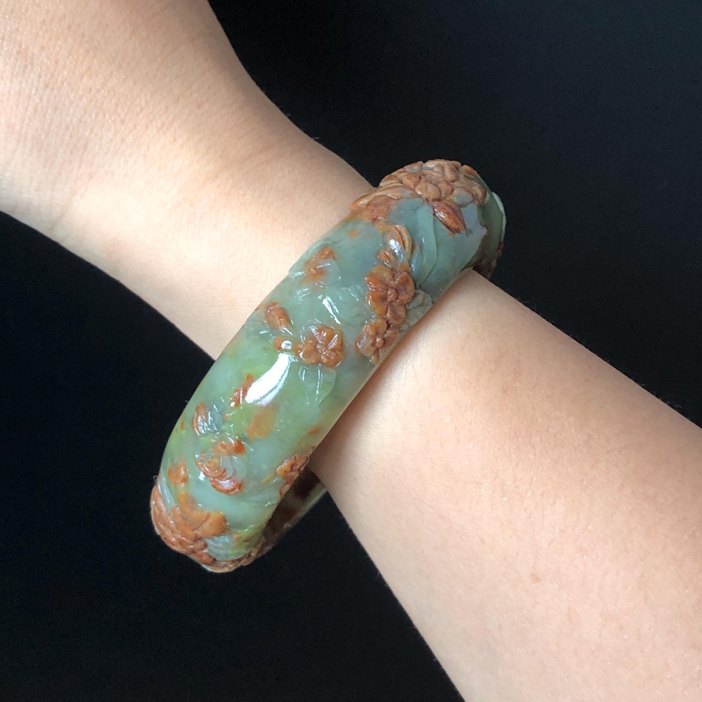 57.1mm Xiu Jade Peony Lotus Flowers Hand Carved Bangle: Natural Serpentine Brown White Green Jade Handcrafted Bracelet, Stone Carving Gemstone Jewelry Gift for her wide jade bangle jade carving hand engraved stone carving natural untreated jade bracelet white jade green jade brown jade handcraft jade peony carving flower carving chinese jade vintage bangle antique bracelet Osmanthus flower antique bangle hand engraved jewelry lotus carving lotus leaves relief carving birthday gift for women