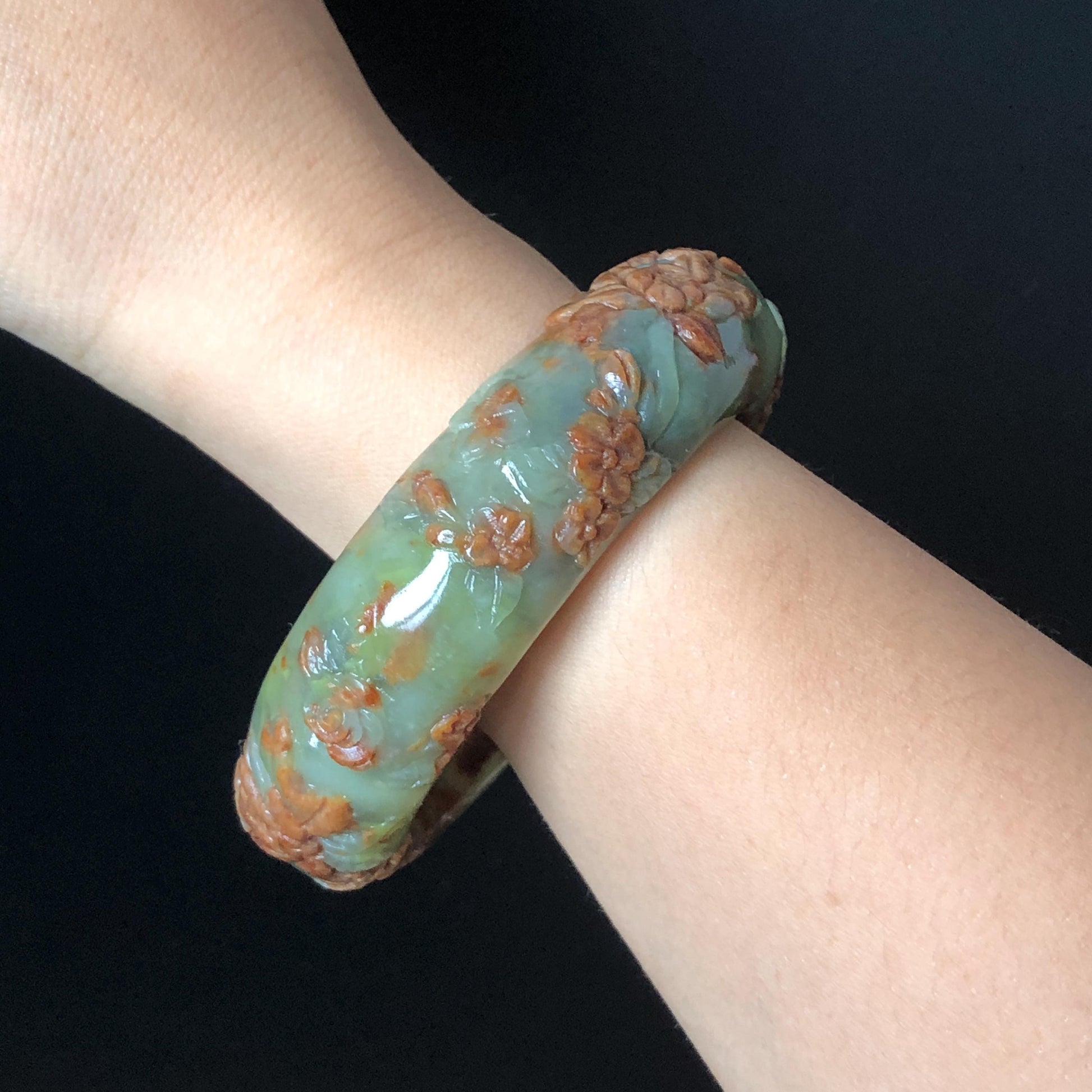 57.1mm Xiu Jade Peony Lotus Flowers Hand Carved Bangle: Natural Serpentine Brown White Green Jade Handcrafted Bracelet, Stone Carving Gemstone Jewelry Gift for her wide jade bangle jade carving hand engraved stone carving natural untreated jade bracelet white jade green jade brown jade handcraft jade peony carving flower carving chinese jade vintage bangle antique bracelet Osmanthus flower antique bangle hand engraved jewelry lotus carving lotus leaves relief carving birthday gift for women