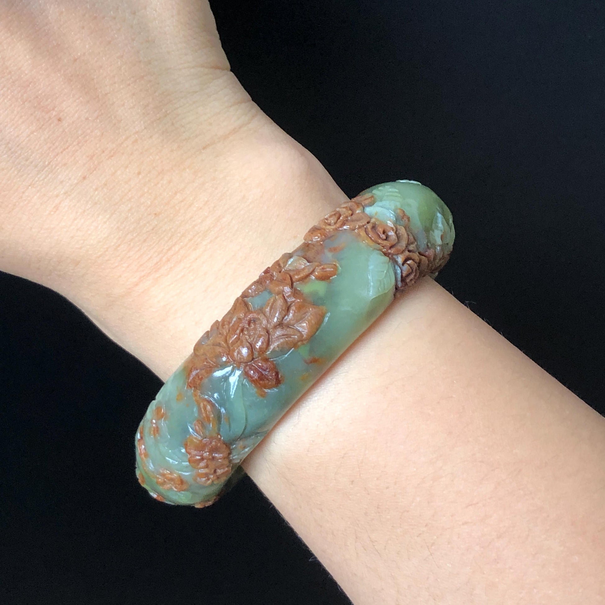 57.1mm Xiu Jade Peony Lotus Flowers Hand Carved Bangle: Natural Serpentine Brown White Green Jade Handcrafted Bracelet, Stone Carving Gemstone Jewelry Gift for her wide jade bangle jade carving hand engraved stone carving natural untreated jade bracelet white jade green jade brown jade handcraft jade peony carving flower carving chinese jade vintage bangle antique bracelet Osmanthus flower antique bangle hand engraved jewelry lotus carving lotus leaves relief carving birthday gift for women