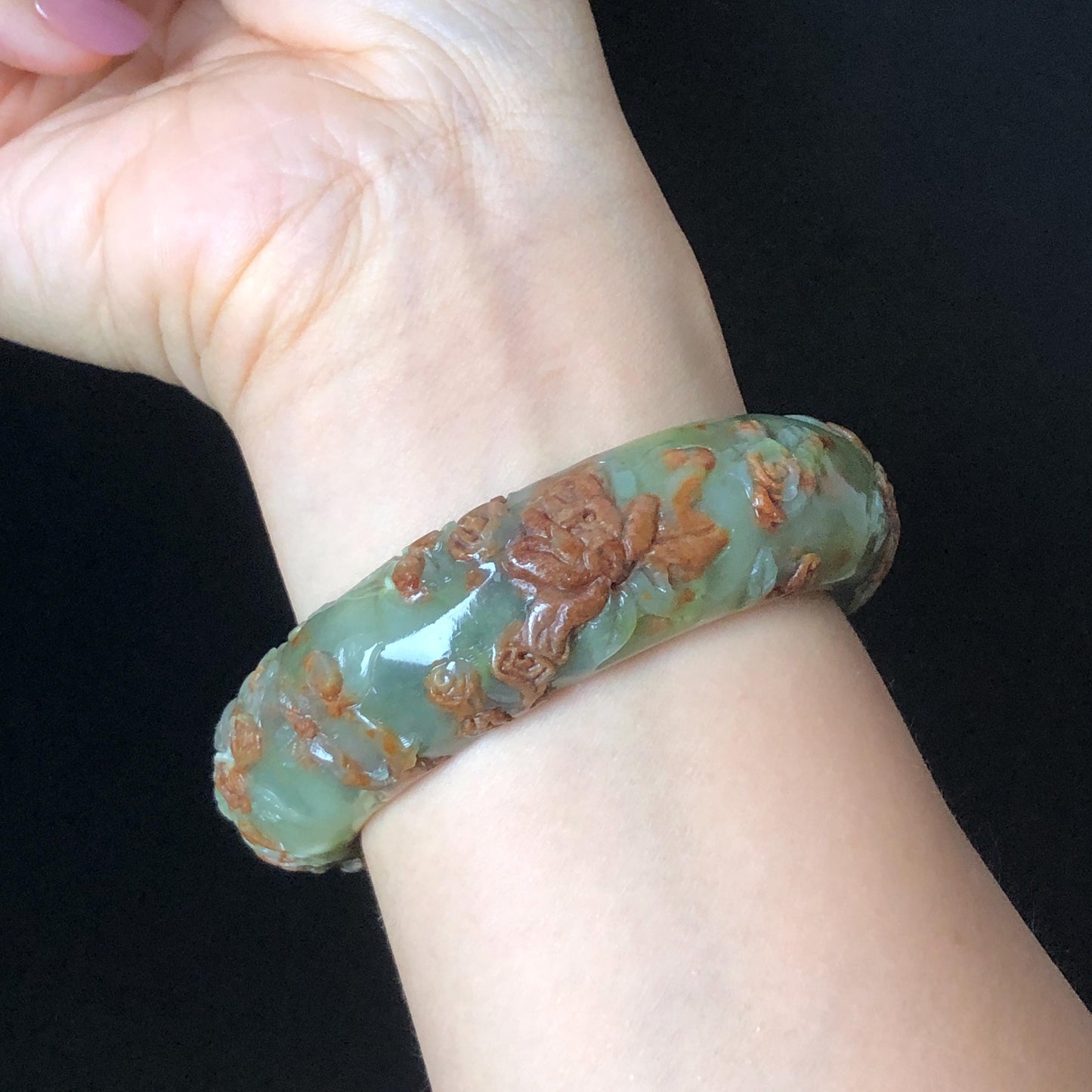 57.1mm Xiu Jade Peony Lotus Flowers Hand Carved Bangle: Natural Serpentine Brown White Green Jade Handcrafted Bracelet, Stone Carving Gemstone Jewelry Gift for her wide jade bangle jade carving hand engraved stone carving natural untreated jade bracelet white jade green jade brown jade handcraft jade peony carving flower carving chinese jade vintage bangle antique bracelet Osmanthus flower antique bangle hand engraved jewelry lotus carving lotus leaves relief carving birthday gift for women