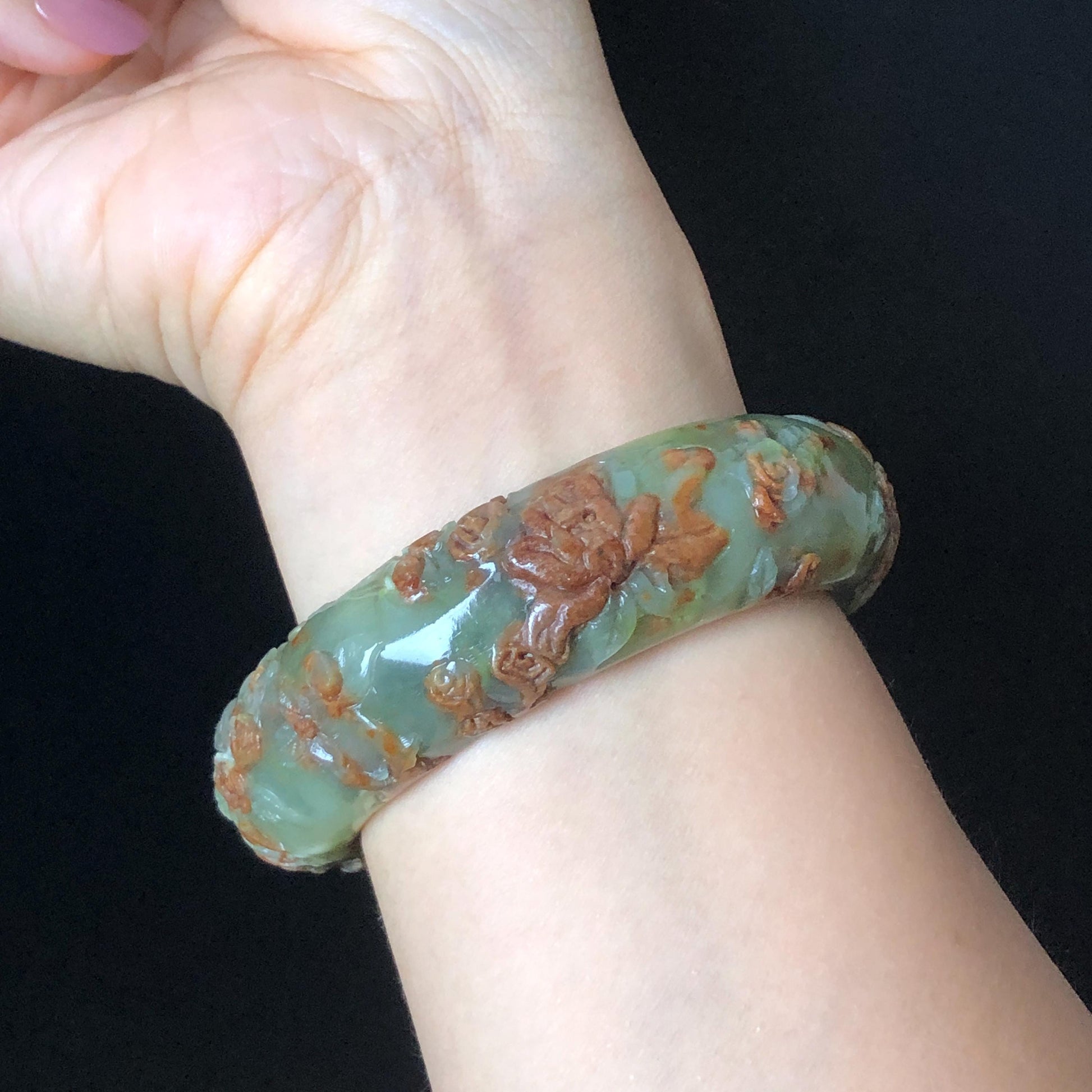 57.1mm Xiu Jade Peony Lotus Flowers Hand Carved Bangle: Natural Serpentine Brown White Green Jade Handcrafted Bracelet, Stone Carving Gemstone Jewelry Gift for her wide jade bangle jade carving hand engraved stone carving natural untreated jade bracelet white jade green jade brown jade handcraft jade peony carving flower carving chinese jade vintage bangle antique bracelet Osmanthus flower antique bangle hand engraved jewelry lotus carving lotus leaves relief carving birthday gift for women