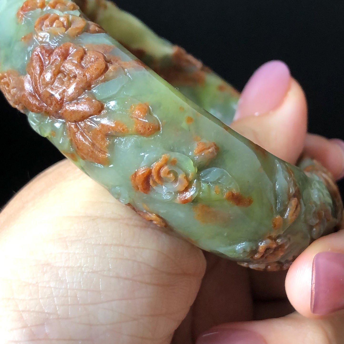57.1mm Xiu Jade Peony Lotus Flowers Hand Carved Bangle: Natural Serpentine Brown White Green Jade Handcrafted Bracelet, Stone Carving Gemstone Jewelry Gift for her wide jade bangle jade carving hand engraved stone carving natural untreated jade bracelet white jade green jade brown jade handcraft jade peony carving flower carving chinese jade vintage bangle antique bracelet Osmanthus flower antique bangle hand engraved jewelry lotus carving lotus leaves relief carving birthday gift for women