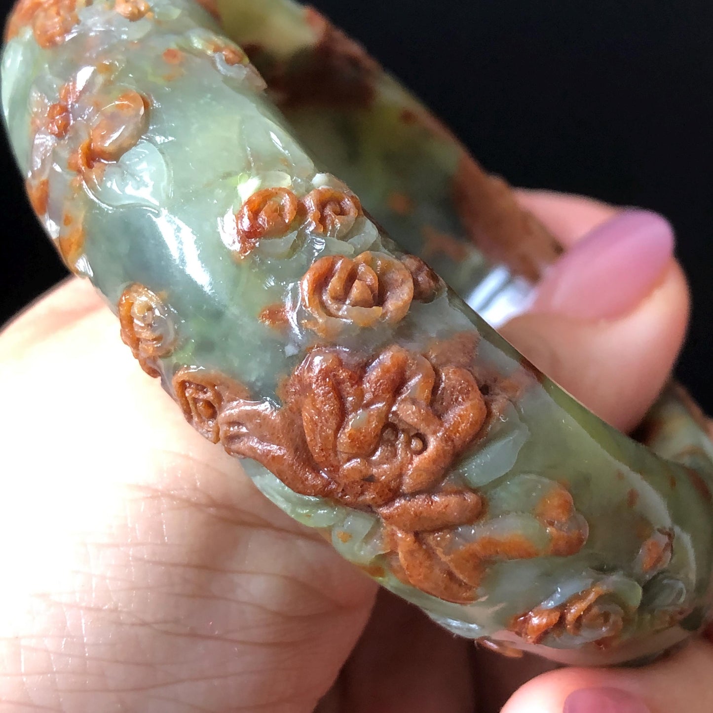 57.1mm Xiu Jade Peony Lotus Flowers Hand Carved Bangle: Natural Serpentine Brown White Green Jade Handcrafted Bracelet, Stone Carving Gemstone Jewelry Gift for her wide jade bangle jade carving hand engraved stone carving natural untreated jade bracelet white jade green jade brown jade handcraft jade peony carving flower carving chinese jade vintage bangle antique bracelet Osmanthus flower antique bangle hand engraved jewelry lotus carving lotus leaves relief carving birthday gift for women