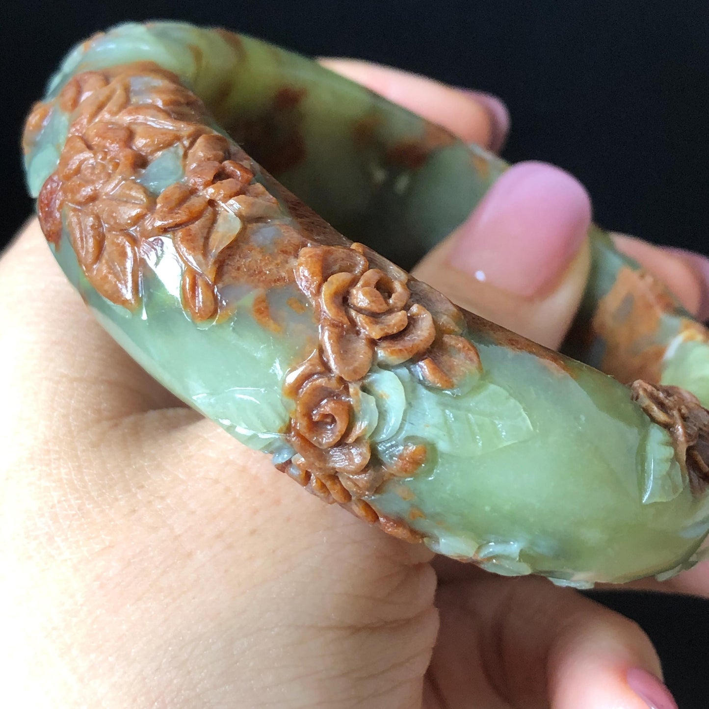 57.1mm Xiu Jade Peony Lotus Flowers Hand Carved Bangle: Natural Serpentine Brown White Green Jade Handcrafted Bracelet, Stone Carving Gemstone Jewelry Gift for her wide jade bangle jade carving hand engraved stone carving natural untreated jade bracelet white jade green jade brown jade handcraft jade peony carving flower carving chinese jade vintage bangle antique bracelet Osmanthus flower antique bangle hand engraved jewelry lotus carving lotus leaves relief carving birthday gift for women