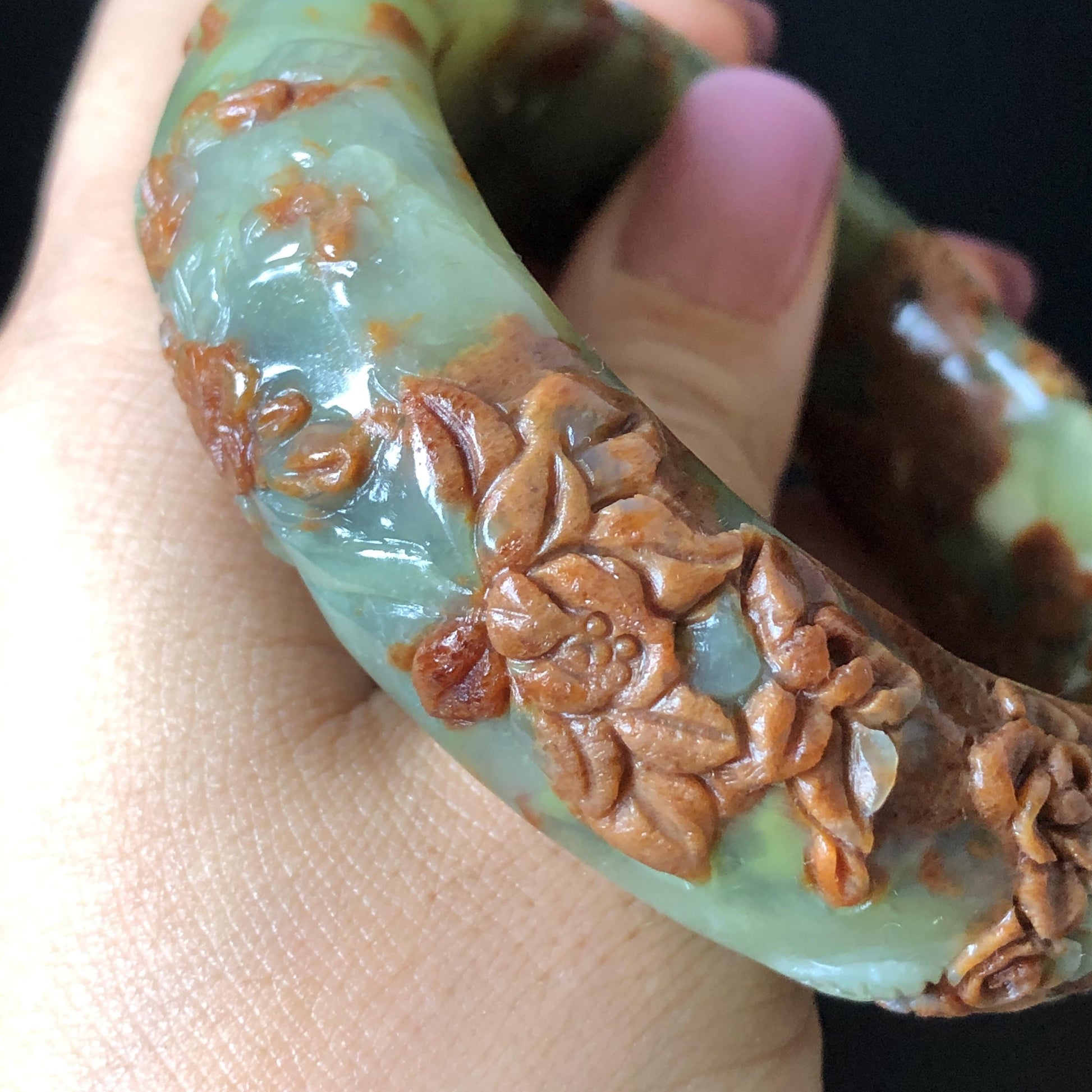 57.1mm Xiu Jade Peony Lotus Flowers Hand Carved Bangle: Natural Serpentine Brown White Green Jade Handcrafted Bracelet, Stone Carving Gemstone Jewelry Gift for her wide jade bangle jade carving hand engraved stone carving natural untreated jade bracelet white jade green jade brown jade handcraft jade peony carving flower carving chinese jade vintage bangle antique bracelet Osmanthus flower antique bangle hand engraved jewelry lotus carving lotus leaves relief carving birthday gift for women