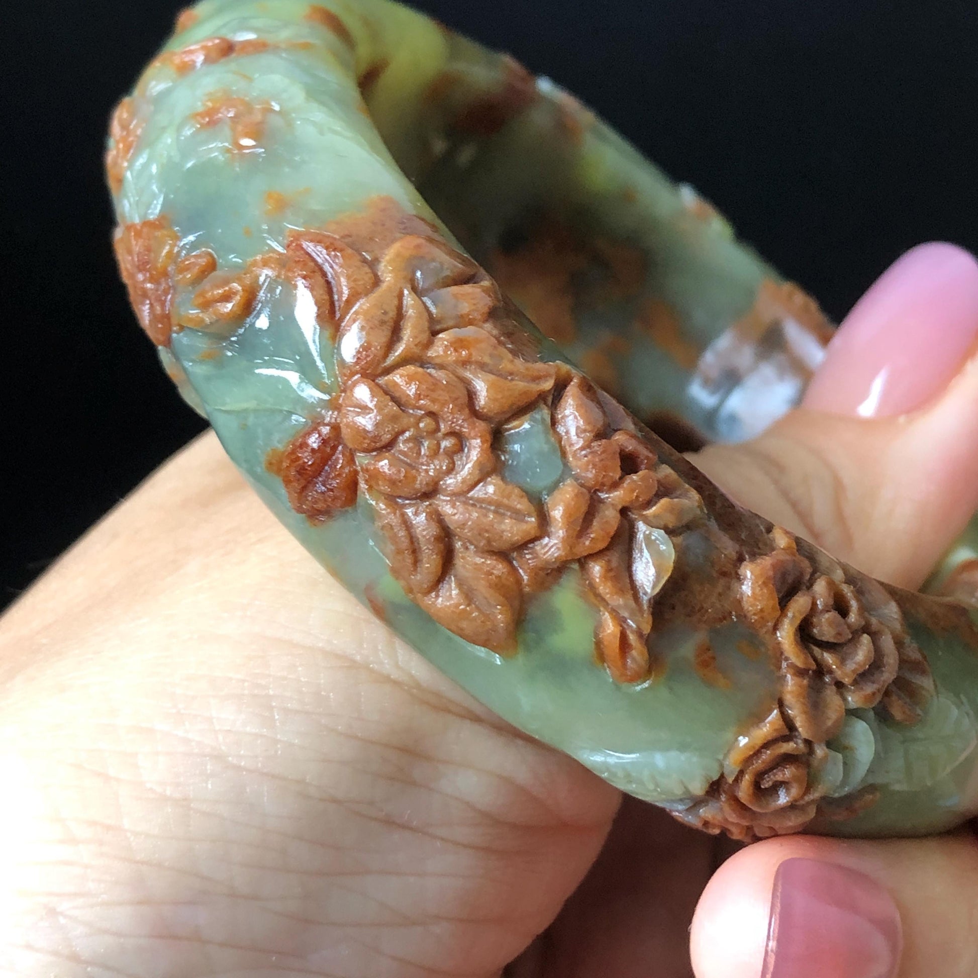 57.1mm Xiu Jade Peony Lotus Flowers Hand Carved Bangle: Natural Serpentine Brown White Green Jade Handcrafted Bracelet, Stone Relief Carving