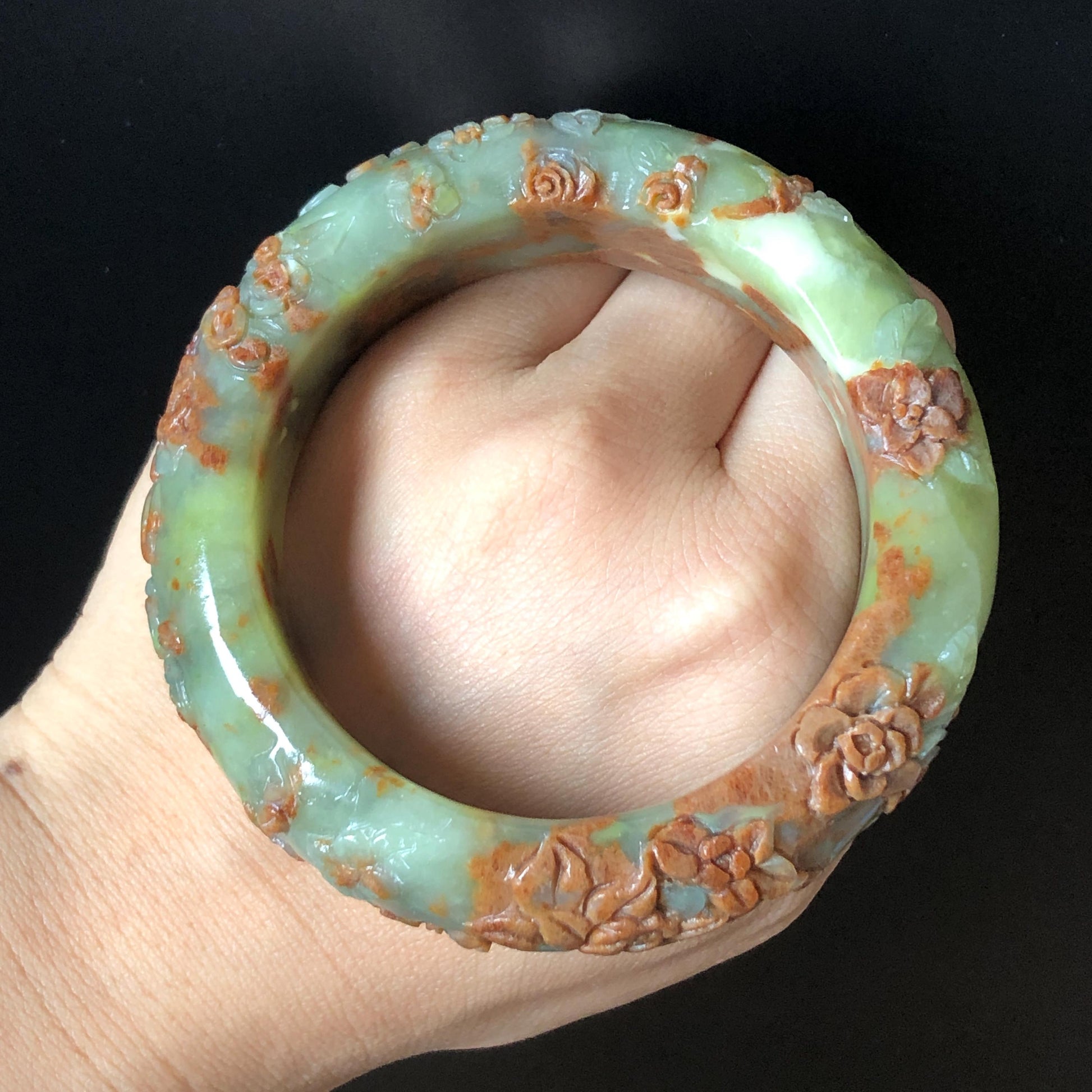 57.1mm Xiu Jade Peony Lotus Flowers Hand Carved Bangle: Natural Serpentine Brown White Green Jade Handcrafted Bracelet, Stone Carving Gemstone Jewelry Gift for her wide jade bangle jade carving hand engraved stone carving natural untreated jade bracelet white jade green jade brown jade handcraft jade peony carving flower carving chinese jade vintage bangle antique bracelet Osmanthus flower antique bangle hand engraved jewelry lotus carving lotus leaves relief carving birthday gift for women