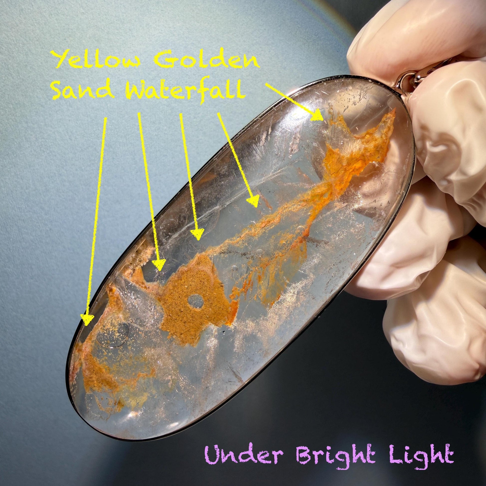 Ultra Rare! Enhydro Quartz Shimmering Golden Yellow Sand Waterfall S925 Silver Polished Pendant Adjustable Necklace | Natural Gemstone Birthstone Gift for her enhydro quartz sand water-fall pendant necklace choker gemstone charm stone pendant choker polished stone pendant crystal charm birthstone men necklace chakra crystal minerals specimen silver wire wrapped pendant inclusion crystal inclusion crystal yellow sand inclusion certified untreated crystal with certificate of authenticity