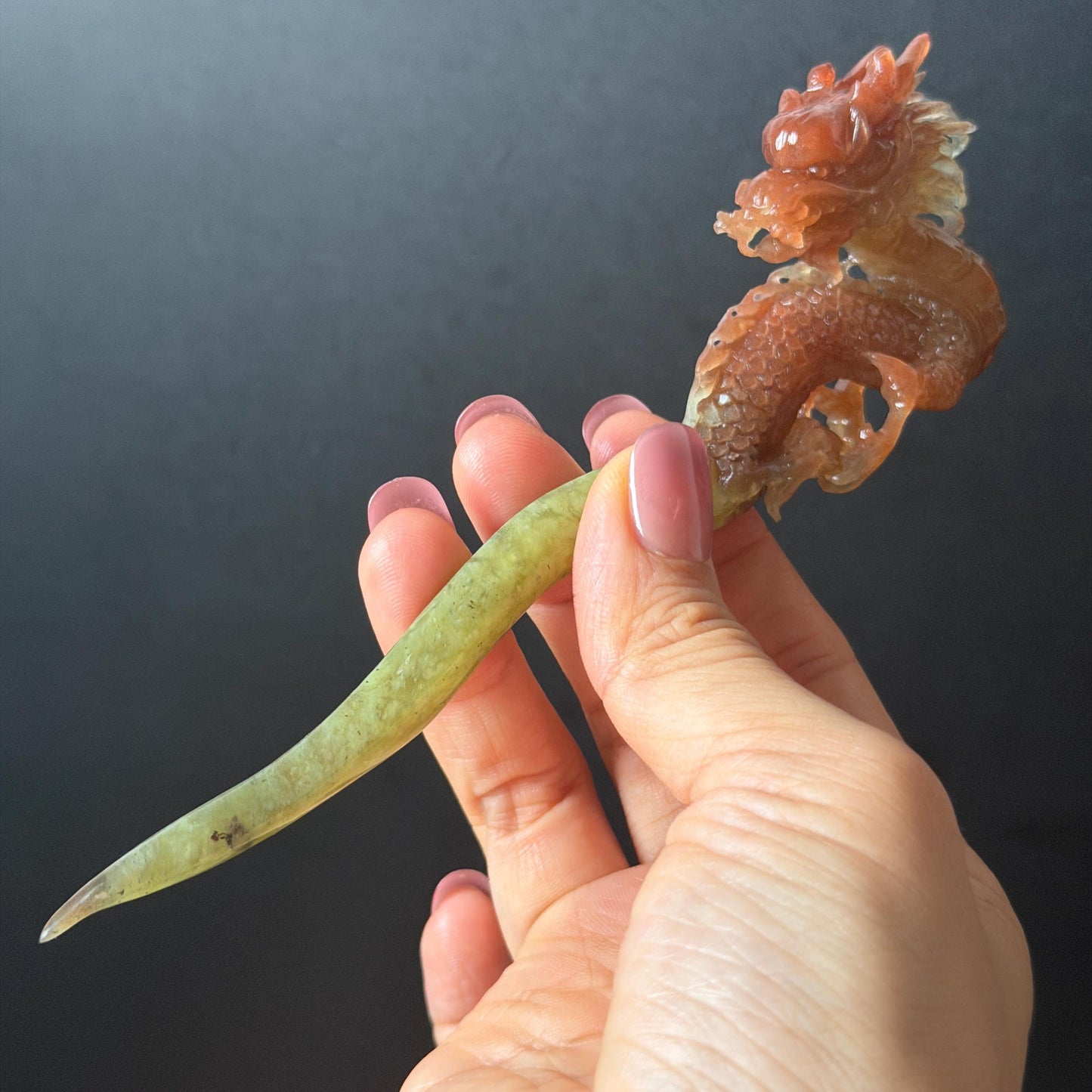 Xiu Jade Fire Dragon Hand Carved Hair Pin: Certified Natural Serpentine Gold Red Jade Handcrafted Hanfu Hair Stick 3D Stone Carving Hair Stick | Asian Vintage Hair Fork Gift for her japanese hairpin korean hair stick hanfu hair fork vintage hair comb antique hair pins dragon carving hand engraved dragon red jade gold jade yellow jade carving hand carved dragon hair stick fire dragon golden dragon wedding headpiece bridal hair jewelry engagement hair accessory antique hair fork wedding headpiece