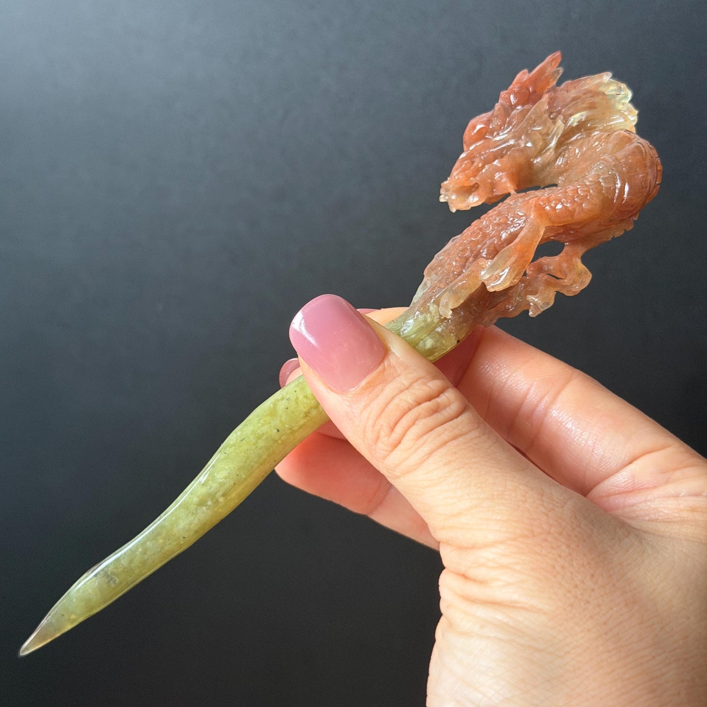 Xiu Jade Fire Dragon Hand Carved Hair Pin: Certified Natural Serpentine Gold Red Jade Handcrafted Hanfu Hair Stick 3D Stone Carving Hair Stick | Asian Vintage Hair Fork Gift for her japanese hairpin korean hair stick hanfu hair fork vintage hair comb antique hair pins dragon carving hand engraved dragon red jade gold jade yellow jade carving hand carved dragon hair stick fire dragon golden dragon wedding headpiece bridal hair jewelry engagement hair accessory antique hair fork wedding headpiece
