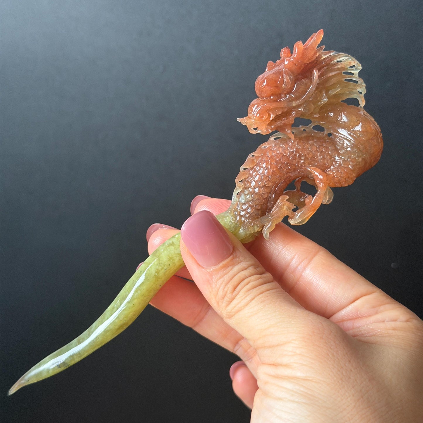 Xiu Jade Fire Dragon Hand Carved Hair Pin: Certified Natural Serpentine Gold Red Jade Handcrafted Hanfu Hair Stick 3D Stone Carving Hair Stick | Asian Vintage Hair Fork Gift for her japanese hairpin korean hair stick hanfu hair fork vintage hair comb antique hair pins dragon carving hand engraved dragon red jade gold jade yellow jade carving hand carved dragon hair stick fire dragon golden dragon wedding headpiece bridal hair jewelry engagement hair accessory antique hair fork wedding headpiece