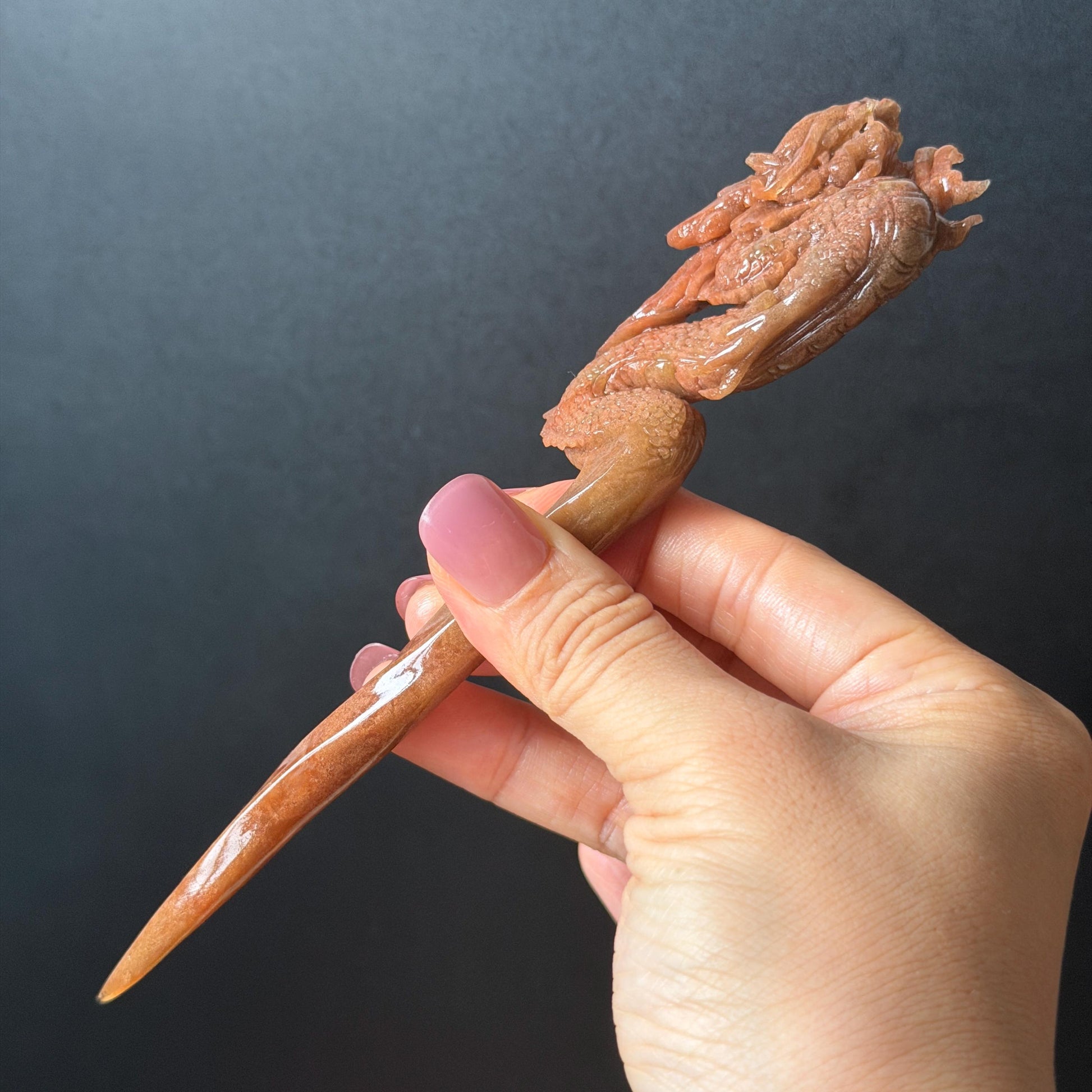 Xiu Jade Fire Dragon Hand Carved Hair Pin: Certified Natural Serpentine Brownish Red Jade Handcrafted Hanfu Hair Stick 3D Stone Carving Hair Stick Asian Vintage Hair Fork Gift for her japanese hairpin korean hair stick hanfu hair fork vintage hair comb antique hair pins dragon carving hand engraved dragon red jade brown jade carving hand carved dragon carving fire dragon wedding headpiece bridal hair jewelry engagement hair accessory antique hair fork wedding headpiece