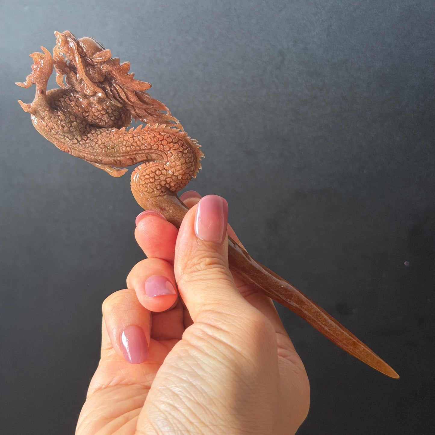 Xiu Jade Fire Dragon Hand Carved Hair Pin: Certified Natural Serpentine Brownish Red Jade Handcrafted Hanfu Hair Stick 3D Stone Carving Hair Stick Asian Vintage Hair Fork Gift for her japanese hairpin korean hair stick hanfu hair fork vintage hair comb antique hair pins dragon carving hand engraved dragon red jade brown jade carving hand carved dragon carving fire dragon wedding headpiece bridal hair jewelry engagement hair accessory antique hair fork wedding headpiece