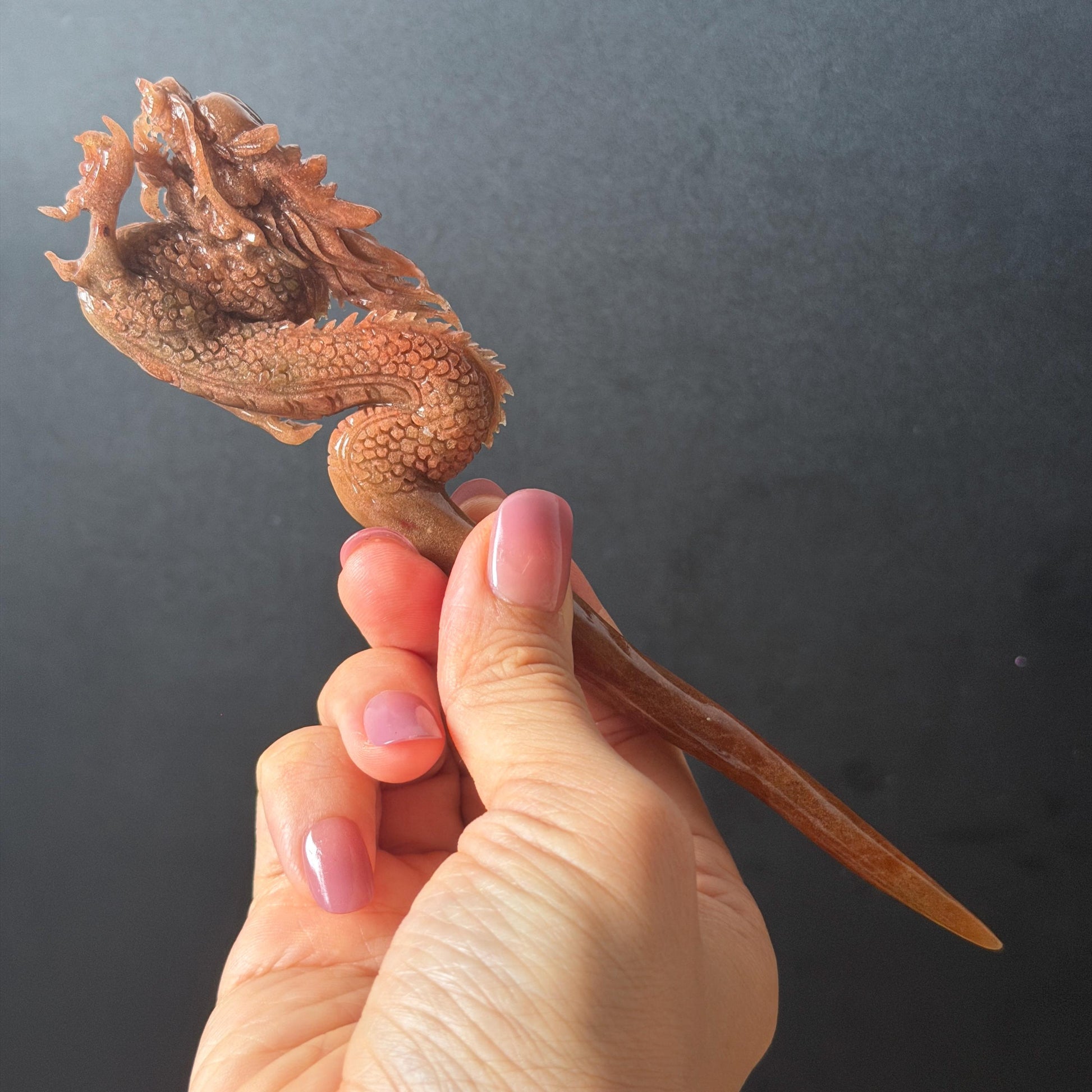 Xiu Jade Fire Dragon Hand Carved Hair Pin: Certified Natural Serpentine Brownish Red Jade Handcrafted Hanfu Hair Stick 3D Stone Carving Hair Stick Asian Vintage Hair Fork Gift for her japanese hairpin korean hair stick hanfu hair fork vintage hair comb antique hair pins dragon carving hand engraved dragon red jade brown jade carving hand carved dragon carving fire dragon wedding headpiece bridal hair jewelry engagement hair accessory antique hair fork wedding headpiece