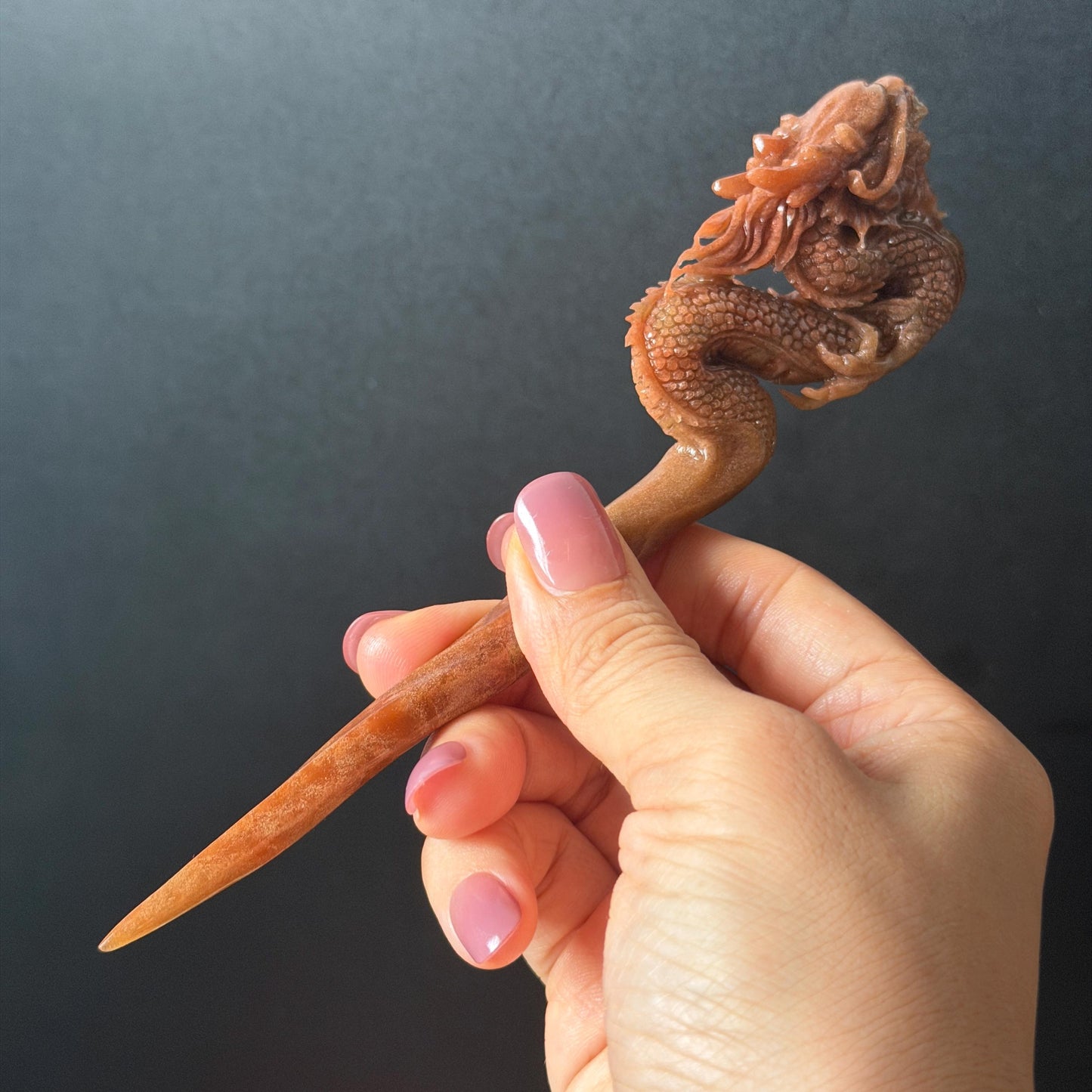 Xiu Jade Fire Dragon Hand Carved Hair Pin: Certified Natural Serpentine Brownish Red Jade Handcrafted Hanfu Hair Stick 3D Stone Carving Hair Stick Asian Vintage Hair Fork Gift for her japanese hairpin korean hair stick hanfu hair fork vintage hair comb antique hair pins dragon carving hand engraved dragon red jade brown jade carving hand carved dragon carving fire dragon wedding headpiece bridal hair jewelry engagement hair accessory antique hair fork wedding headpiece