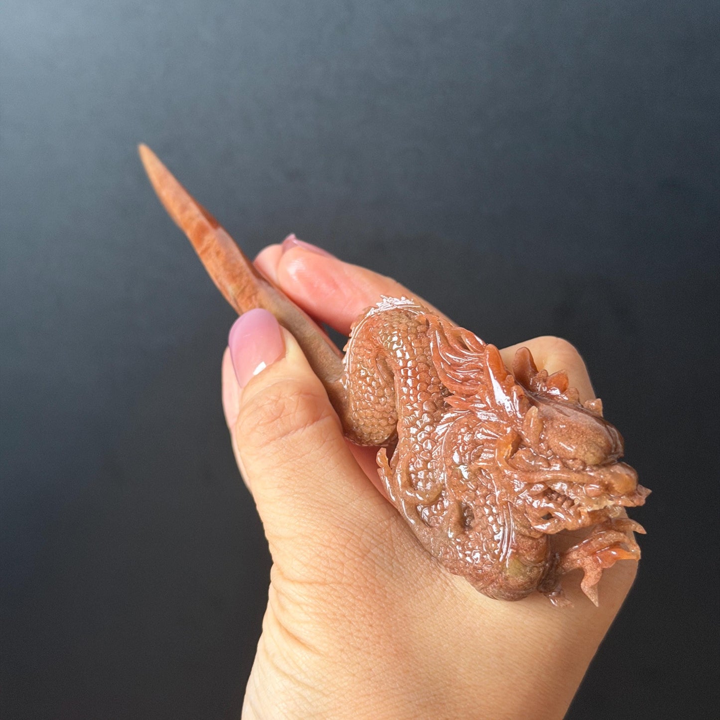 Xiu Jade Fire Dragon Hand Carved Hair Pin: Certified Natural Serpentine Brownish Red Jade Handcrafted Hanfu Hair Stick 3D Stone Carving Hair Stick Asian Vintage Hair Fork Gift for her japanese hairpin korean hair stick hanfu hair fork vintage hair comb antique hair pins dragon carving hand engraved dragon red jade brown jade carving hand carved dragon carving fire dragon wedding headpiece bridal hair jewelry engagement hair accessory antique hair fork wedding headpiece