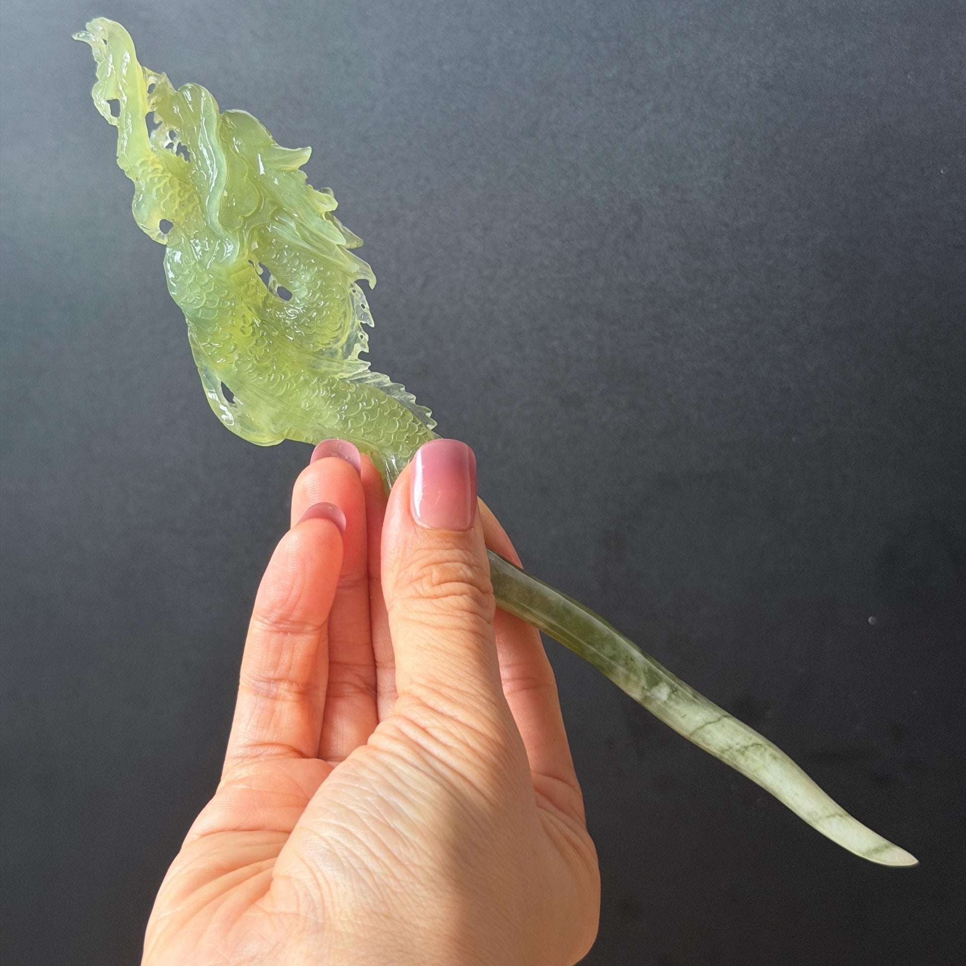 Xiu Jade Green Dragon Hand Carved Hair Pin: Certified Natural Serpentine Ice Green Jade Handcrafted Hanfu Hair Stick 3D Stone Carving Hair Stick Asian Vintage Hair Fork Gift for her japanese hairpin korean hair stick hanfu hair fork vintage hair comb antique hair pins dragon carving hand engraved dragon green jade white jade carving hand carved dragon carving green dragon wedding headpiece bridal hair jewelry engagement hair accessory antique hair fork wedding headpiece hollow out relief carving