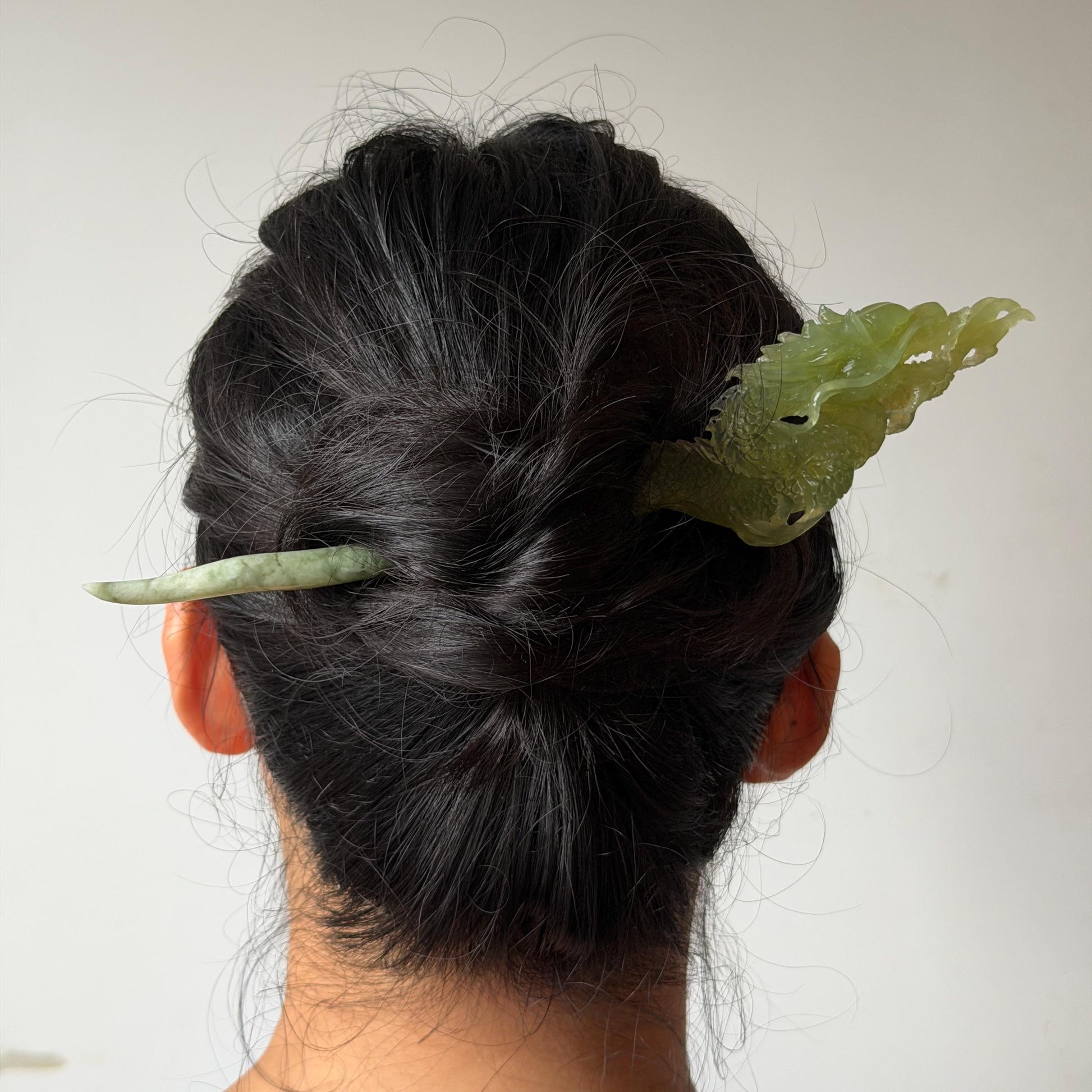 Xiu Jade Green Dragon Hand Carved Hair Pin: Certified Natural Serpentine Ice Green Jade Handcrafted Hanfu Hair Stick 3D Stone Carving Hair Stick Asian Vintage Hair Fork Gift for her japanese hairpin korean hair stick hanfu hair fork vintage hair comb antique hair pins dragon carving hand engraved dragon green jade white jade carving hand carved dragon carving green dragon wedding headpiece bridal hair jewelry engagement hair accessory antique hair fork wedding headpiece hollow out relief carving
