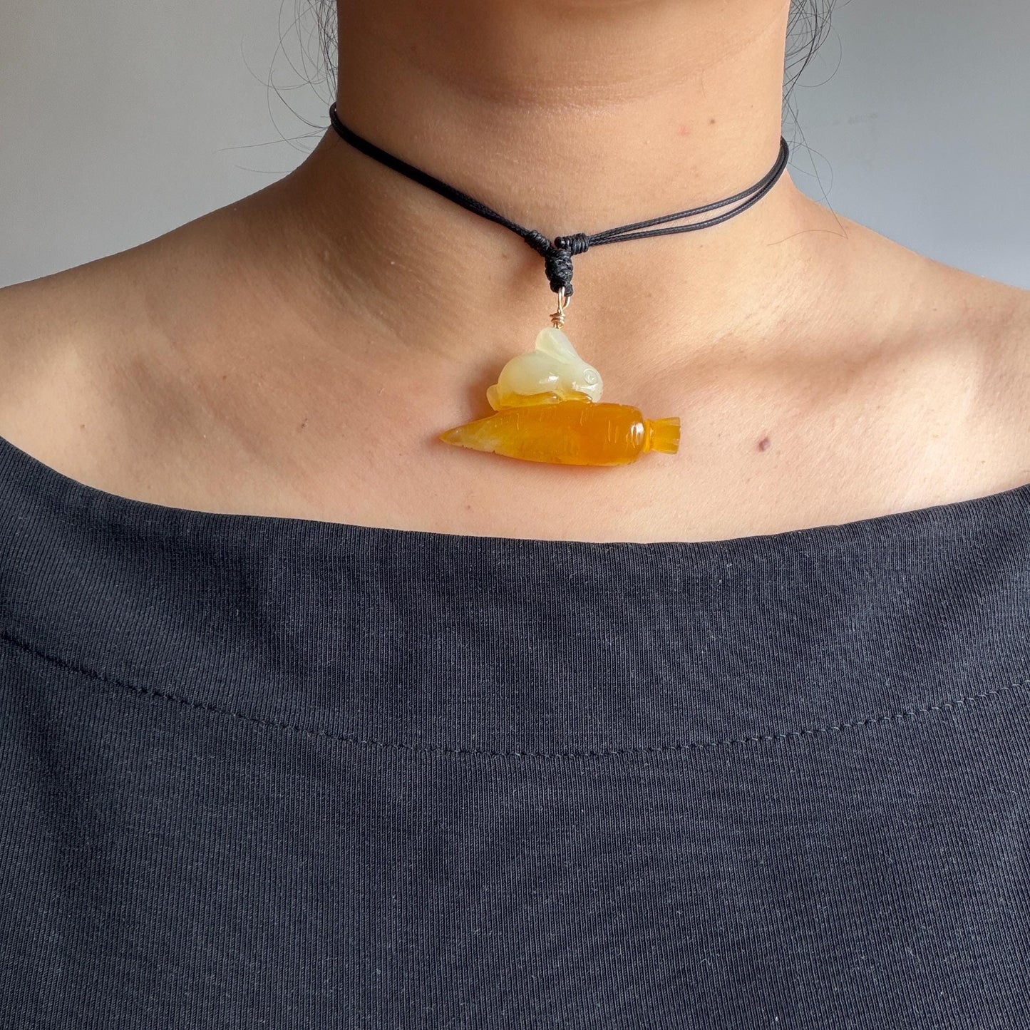 Xiu Jade Rabbit & Carrot Hand Carved Pendant Adjustable Necklace: Certified Natural Serpentine Orange White Jade Handcrafted Charm 3D Stone Carving  rabbit carving bunny carving rabbit pendant bunny charm carrot pendant raddish pendant adjustable necklace choker jade with certificate untreated jade lucky charm rabbit lover gift bunny lover gift handcrafted jade white jade carving orange jade icy jade