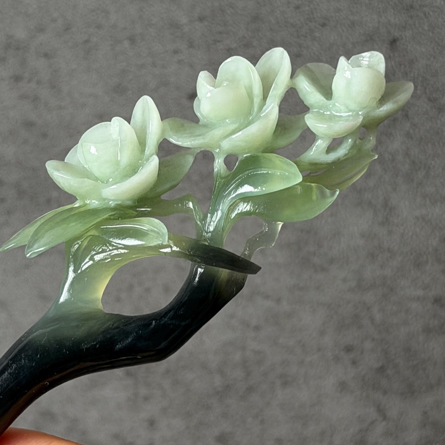 Xiu Jade Peach Blossom Flower Hand Carved Hair Pin: Certified Natural Serpentine Multicolor Black White Green Jade Handcrafted Hair Stick | Asian Vintage Hair Fork 3D stone carving Hair Jewelry Chinese Hanfu Hair Fork gift for her green jade carving white jade black jade flower carving hand engraved hairpins japanese hair stick korean hair pins hair fork hair comb antique hairpins wedding headpiece engagement hair jewelry bridal shower gift wedding bridal hair accessory asian hair crown