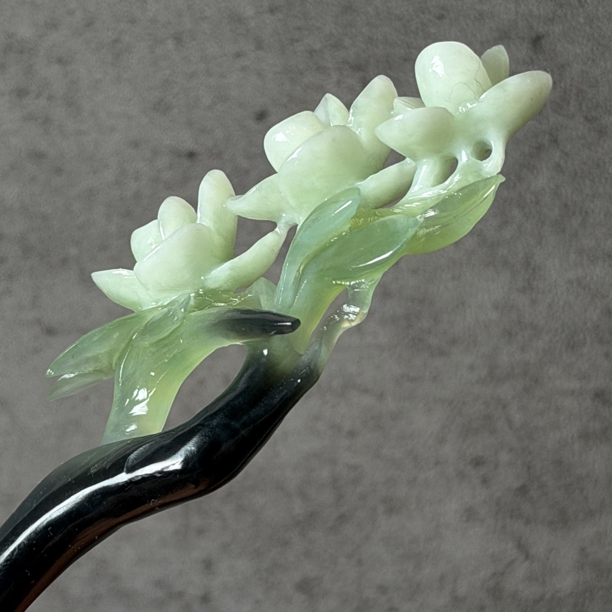 Xiu Jade Peach Blossom Flower Hand Carved Hair Pin: Certified Natural Serpentine Multicolor Black White Green Jade Handcrafted Hair Stick | Asian Vintage Hair Fork 3D stone carving Hair Jewelry Chinese Hanfu Hair Fork gift for her green jade carving white jade black jade flower carving hand engraved hairpins japanese hair stick korean hair pins hair fork hair comb antique hairpins wedding headpiece engagement hair jewelry bridal shower gift wedding bridal hair accessory asian hair crown