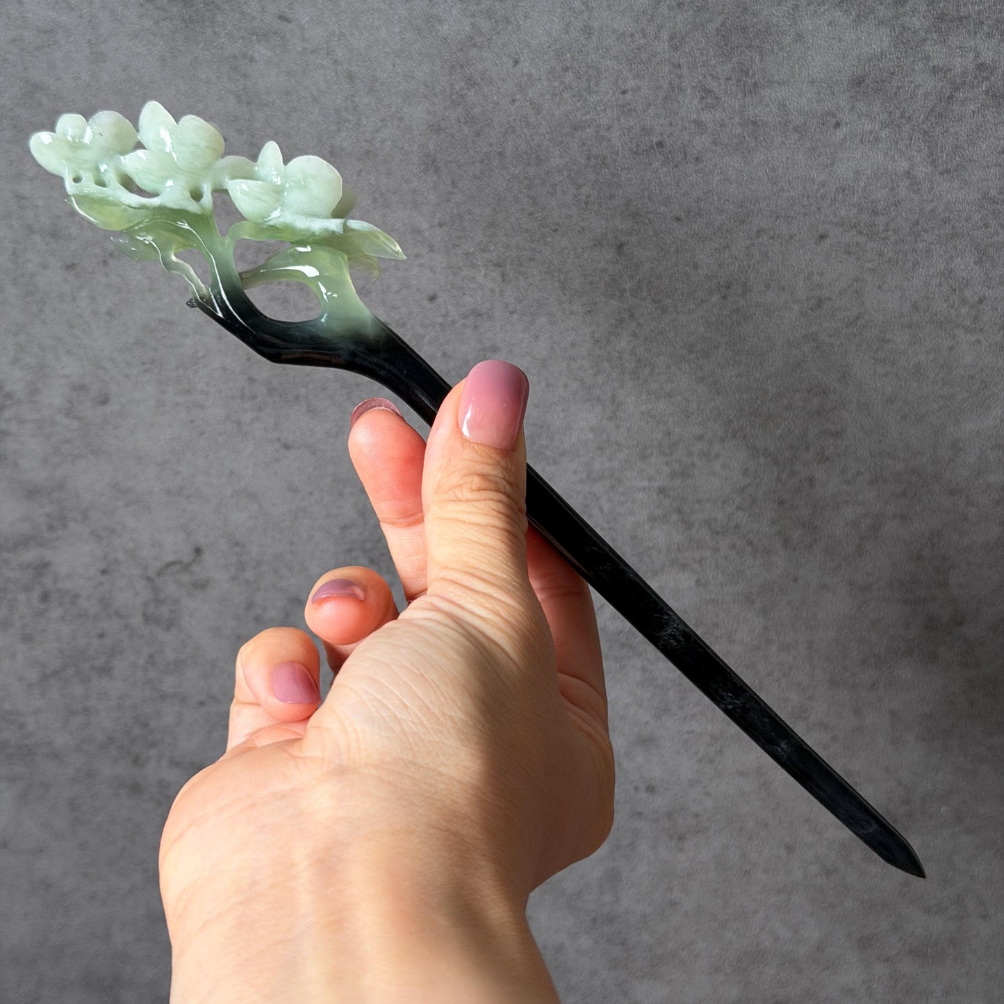 Xiu Jade Peach Blossom Flower Hand Carved Hair Pin: Certified Natural Serpentine Multicolor Black White Green Jade Handcrafted Hair Stick | Asian Vintage Hair Fork 3D stone carving Hair Jewelry Chinese Hanfu Hair Fork gift for her green jade carving white jade black jade flower carving hand engraved hairpins japanese hair stick korean hair pins hair fork hair comb antique hairpins wedding headpiece engagement hair jewelry bridal shower gift wedding bridal hair accessory asian hair crown