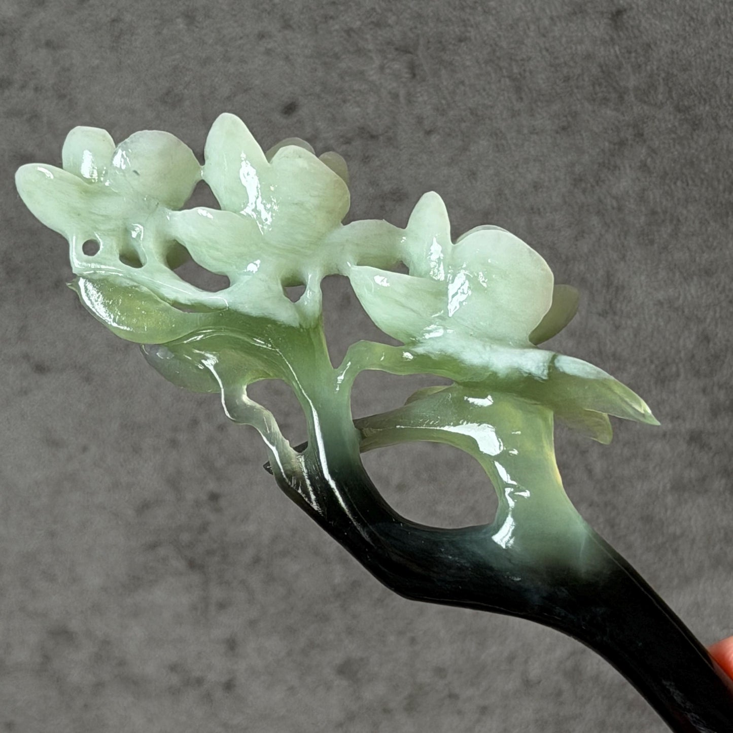 Xiu Jade Peach Blossom Flower Hand Carved Hair Pin: Certified Natural Serpentine Multicolor Black White Green Jade Handcrafted Hair Stick | Asian Vintage Hair Fork 3D stone carving Hair Jewelry Chinese Hanfu Hair Fork gift for her green jade carving white jade black jade flower carving hand engraved hairpins japanese hair stick korean hair pins hair fork hair comb antique hairpins wedding headpiece engagement hair jewelry bridal shower gift wedding bridal hair accessory asian hair crown