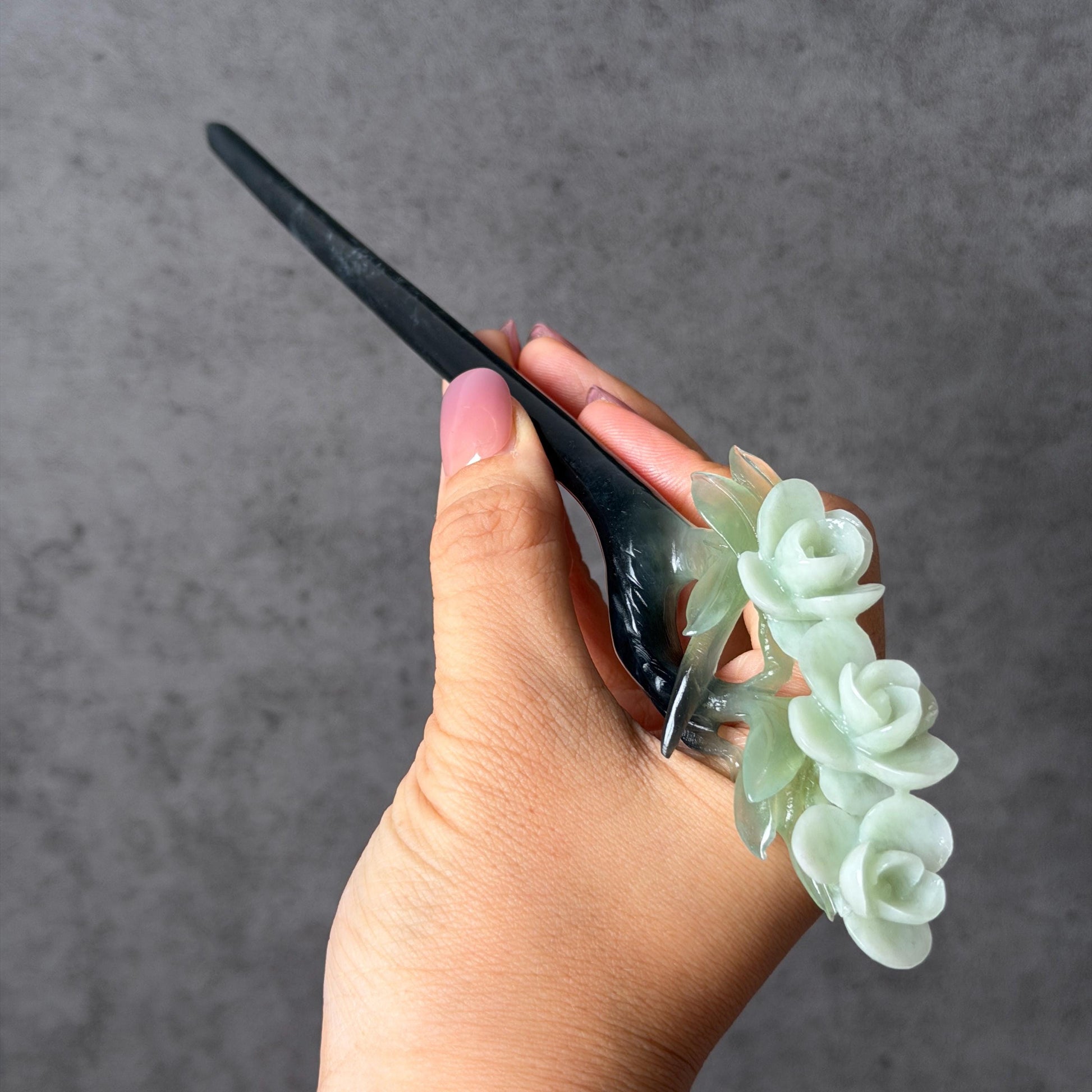 Xiu Jade Peach Blossom Flower Hand Carved Hair Pin: Certified Natural Serpentine Multicolor Black White Green Jade Handcrafted Hair Stick | Asian Vintage Hair Fork 3D stone carving Hair Jewelry Chinese Hanfu Hair Fork gift for her green jade carving white jade black jade flower carving hand engraved hairpins japanese hair stick korean hair pins hair fork hair comb antique hairpins wedding headpiece engagement hair jewelry bridal shower gift wedding bridal hair accessory asian hair crown