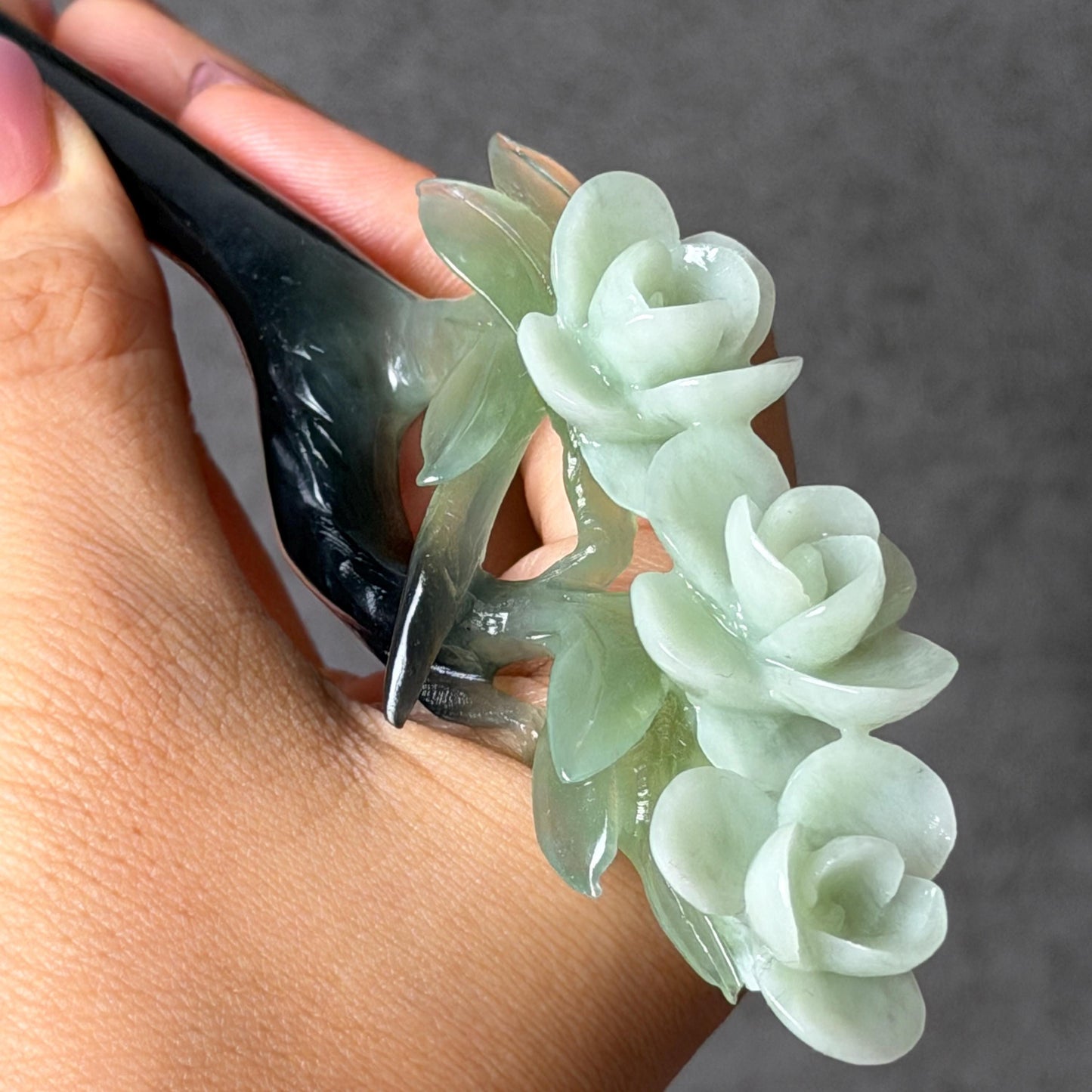 Xiu Jade Peach Blossom Flower Hand Carved Hair Pin: Certified Natural Serpentine Multicolor Black White Green Jade Handcrafted Hair Stick | Asian Vintage Hair Fork 3D stone carving Hair Jewelry Chinese Hanfu Hair Fork gift for her green jade carving white jade black jade flower carving hand engraved hairpins japanese hair stick korean hair pins hair fork hair comb antique hairpins wedding headpiece engagement hair jewelry bridal shower gift wedding bridal hair accessory asian hair crown