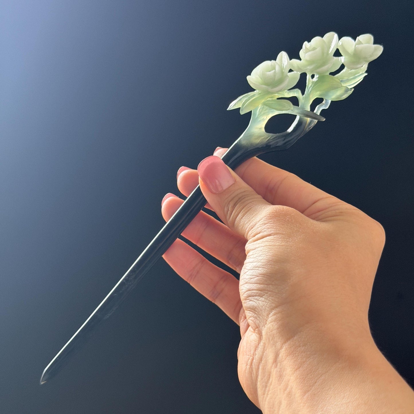 Xiu Jade Peach Blossom Flower Hand Carved Hair Pin: Certified Natural Serpentine Multicolor Black White Green Jade Handcrafted Hair Stick | Asian Vintage Hair Fork 3D stone carving Hair Jewelry Chinese Hanfu Hair Fork gift for her green jade carving white jade black jade flower carving hand engraved hairpins japanese hair stick korean hair pins hair fork hair comb antique hairpins wedding headpiece engagement hair jewelry bridal shower gift wedding bridal hair accessory asian hair crown