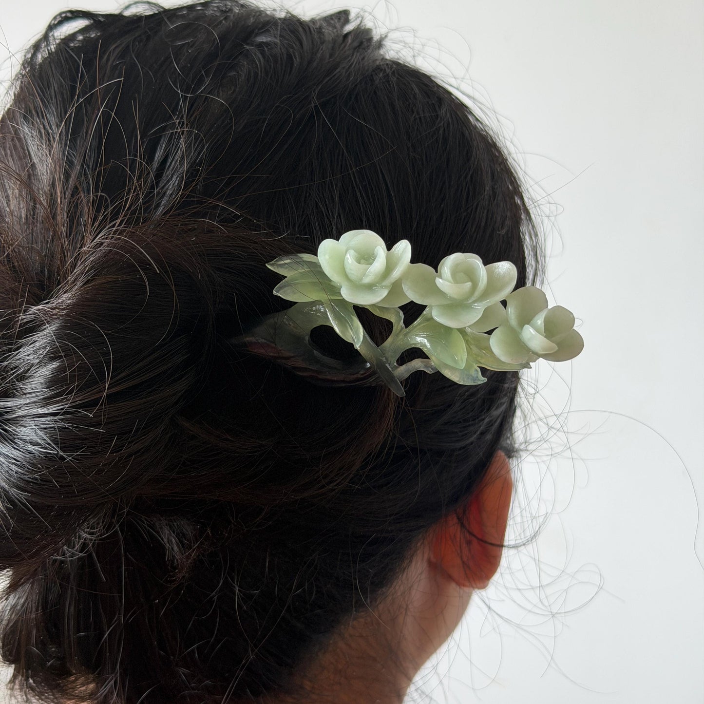 Xiu Jade Peach Blossom Flower Hand Carved Hair Pin: Certified Natural Serpentine Multicolor Black White Green Jade Handcrafted Hair Stick | Asian Vintage Hair Fork 3D stone carving Hair Jewelry Chinese Hanfu Hair Fork gift for her green jade carving white jade black jade flower carving hand engraved hairpins japanese hair stick korean hair pins hair fork hair comb antique hairpins wedding headpiece engagement hair jewelry bridal shower gift wedding bridal hair accessory asian hair crown